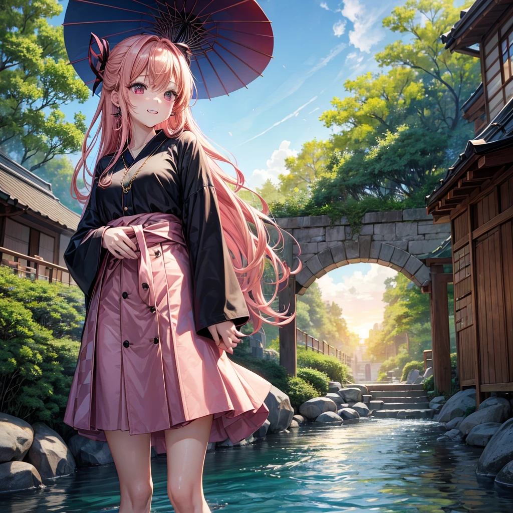 Pink gold golden hair、Red eyes、One good looking girl、solo、anime、Checkered mini skirt、The skirt has buttons、Black camisole、Black T-shirt、hoodie、kimono、Holding a Japanese umbrella、Wearing a ribbon、Ribbon on waist、Crystal Earrings、Gemstone Necklace、Tilting face、Teeth are visible、waterfall、waterfallの裏側、tunnel、Sunset sky、moss、Hell's Gate、Lantern、Blue flame、Sitting on a thick branch