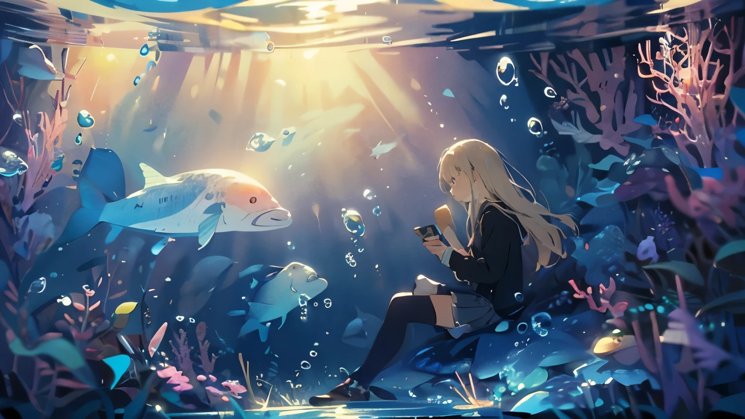 (masterpiece:1.3),(highest quality:1.2),8k,Confused,unity 8k wallpaper,(Very detailed:1.3),the best,High resolution,wonderful,shape,Beautiful studio soft light,Stunningly beautiful,incredibly Confused,Crisp details,Cinema Lighting,Moody lighting,Pixiv,Awards, Professional, Very detailed,Face in perfect detail,14 years old、
transportation facilities_Against_window, 1 girl, alone, Colorful long blonde hair, skirt, Long sleeve, Sitting, , Gray Hair, pleated skirt, shoes, serafuku, fish, bubble, Blue Theme, (Underwater:1.2), (air bubble:1.3), Inside the train, (Surreal:1.2), (jellyfish:1.2), (whale:1.1),(fish:1.2),Blurred foreground,