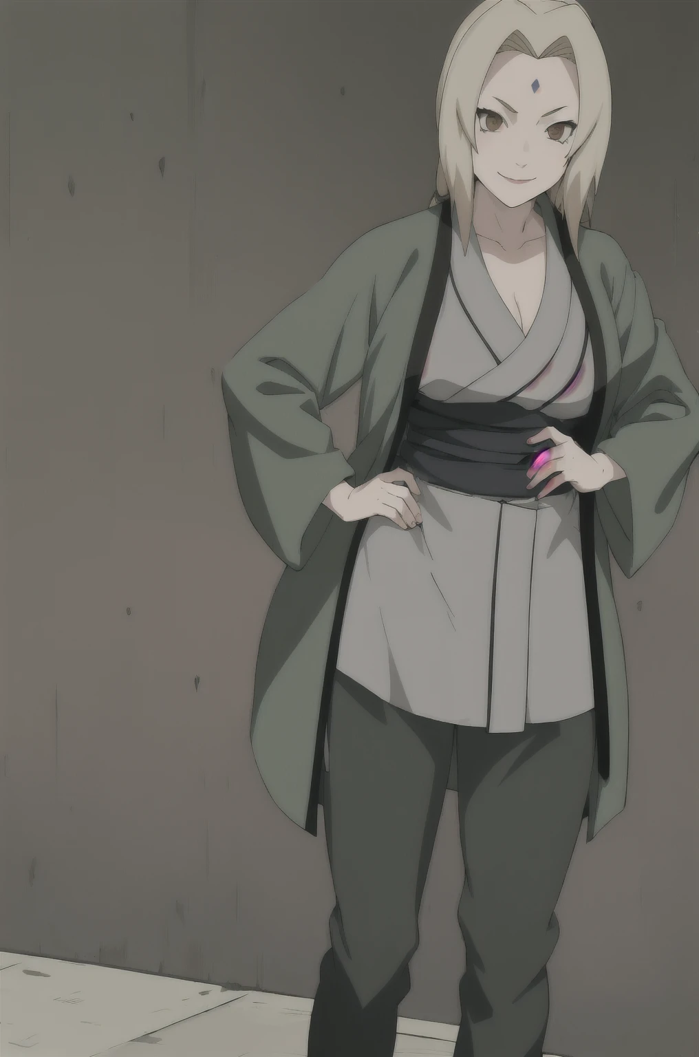 (masterpiece, highest quality:1.2), alone, One Girl, Tsunade Defense, Forehead mark, smile, View your audience, Hands on hips, kimono, Green haori, Gray kimono, sash, pants 