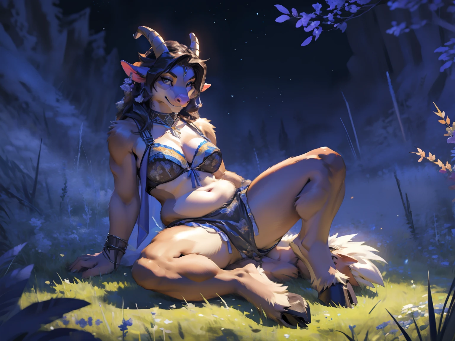 3dmm style, Masterpiece, realistic, best quality, art by chunie, (by chunie:1), (anthropomorphic female goat), female goat, short updo hair, beautifully makeup, eyeshadow, beautiful big eyes, long eye lashes, tempting smile, ((thick lipig breast)), (Thick thighs), (((shiny skin))), ((chubby)), wearing ((Gray satin bra)), shiny satin, silk, shiny grey fur, stifles legs, hoof, seductive, rolling on grass