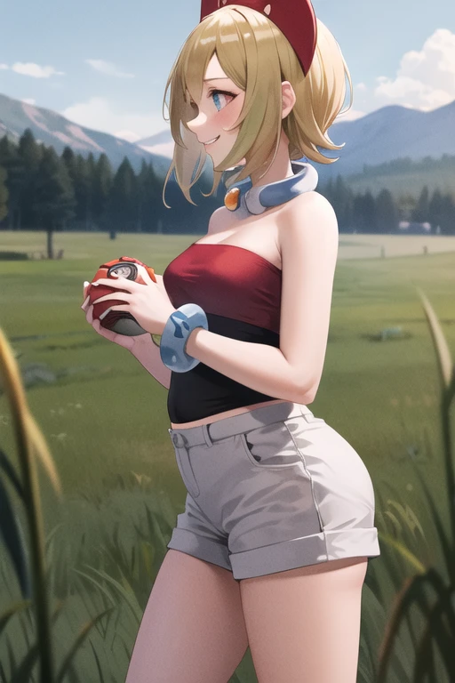 masterpiece, best quality, highres, aairida, short hair, red hairband, neck ring, collar, strapless shirt, red shirt, bracelet, white shorts, bare legs, standing, cowboy shot, outdoors, field, holding poke ball, poke ball, smile, potbelly, side profile
