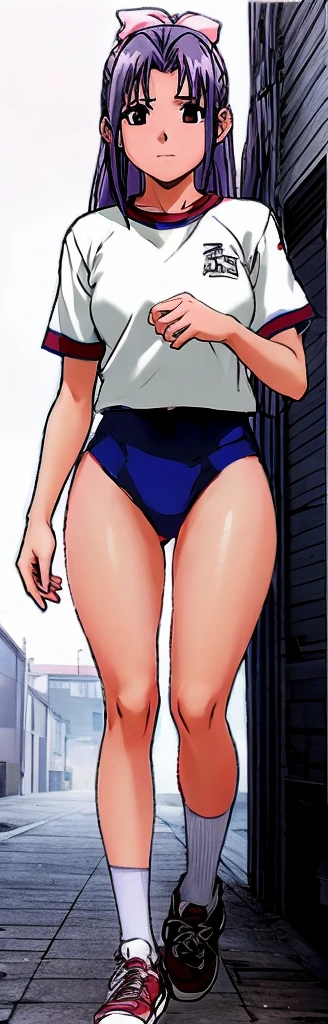 Momoko Koigakubo, a tall girl with beautiful legs, is wearing white gym clothes and light navy blue bloomers that look like panties. She is blushing, has her mouth open, and stands at an angle with her legs spread.。