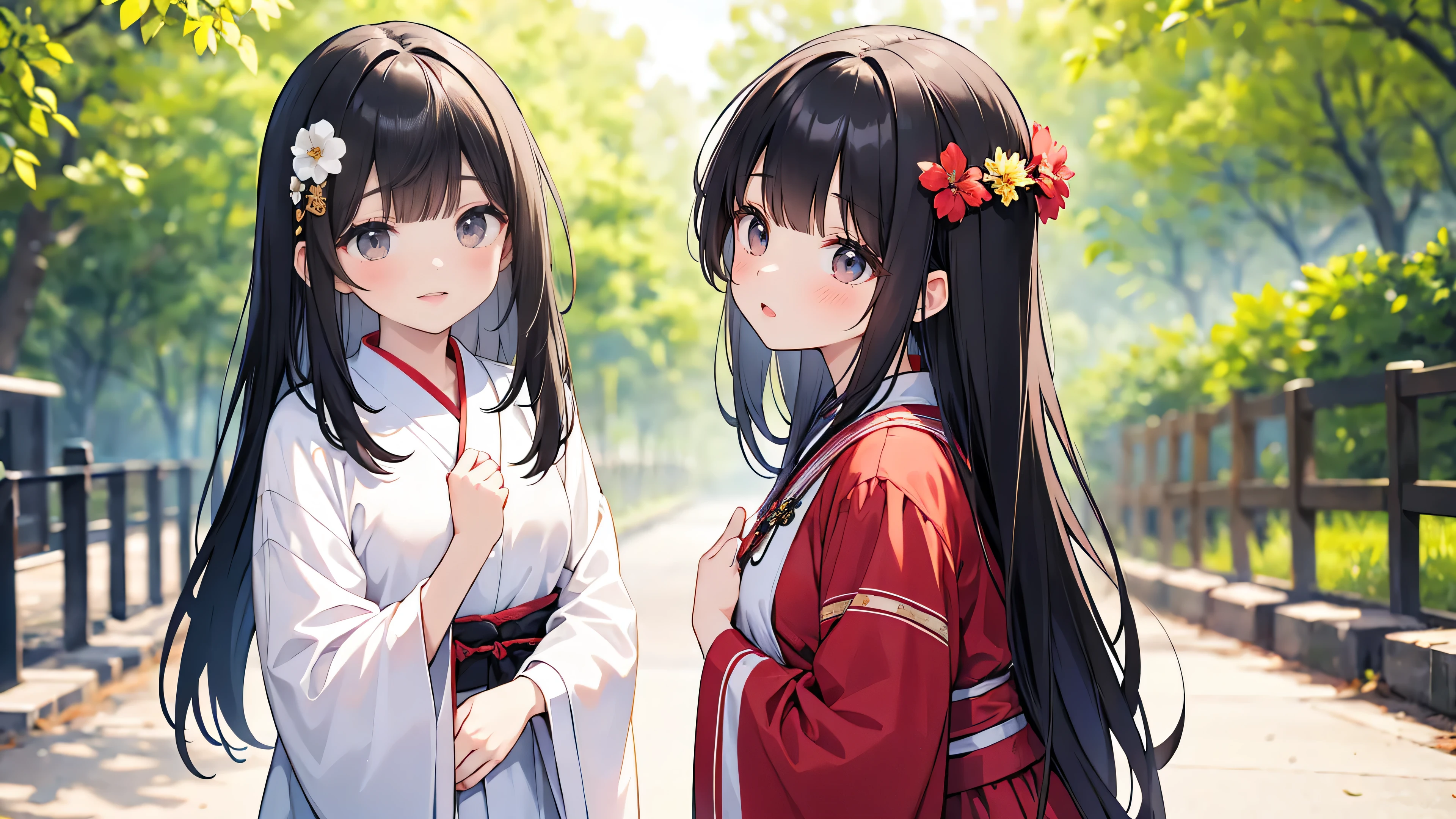 Normal of chest、masterpiece、8K wallpapers incorporating detailed CG、Two girls and two boys、14 years old、Baby Face、beautiful、Genuine、Blurred、Blurred_background、Blurred_prospect、branch、Plum offlower、depth_of_Field、flower、gem、nose、Realistic、pale black hair、alone、Shrine maiden costume、Hide your fingers、Hide your arms、Just put on a bra、whole body、Long Hair、Straight bangs、
