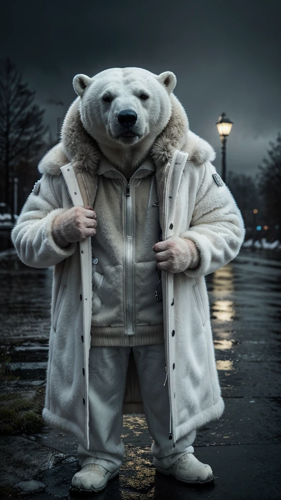 hdr, a polar bear detailed coat, with rain, hyperrealism, cinematic, hyperdetailed, dark shot, muted colors, film grainy, soothing tones, muted colors, technicolor, photo by profissional camera (muddy:0.6)