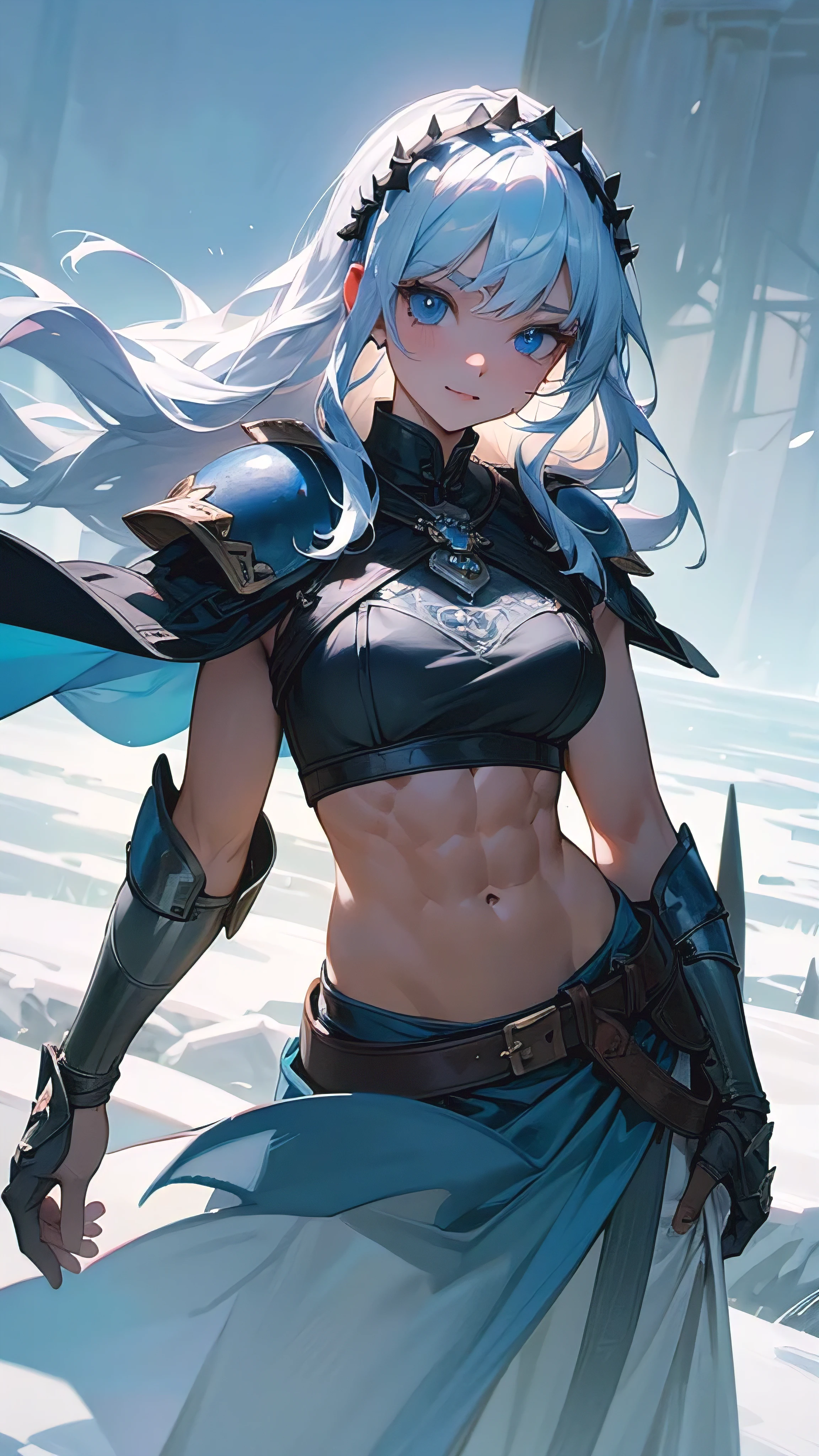 a photoPractical portrait of a viking beauty walking on the ice, (best quality,4K,8k,high resolution,masterpiece:1.2),Super detailed,(Practical,photoPractical,photo-Practical:1.37),Viking Girl,blue eyes,Long white hair,Beautiful and delicate eyes,Beautiful and delicate lips,Extremely detailed eyes and face,Long eyelashes,Strength and determination,Strong female character,Decorated with delicate pendants and needlework,Ferocious posture,Magnificent Nordic landscape background,Clear focus,Physically Based Rendering,professional,Bright colors,portrait,Cool colors,(Soft diffused light), Dynamic poses, Beautiful mountains, Beautiful scenery, site, snow, snow flokes, iceberg, lake, iced lake rest she has majestic straight hair on the wind, Mature woman, (Wear a flower crown:1),(she is wearing a leather armor, leather), (Blue cape, Blue cape in the wind), Ultra Detailed, Dramatic Lighting, Detailed shadows, rest (Perfect face:1), expressive eyes, Depressed girl, Confident body language, (Viking Clothes, belt, Beautiful Smile), bracelet, (((Strong abdomen, Sexy abs, Define the abs, Strong body)))
