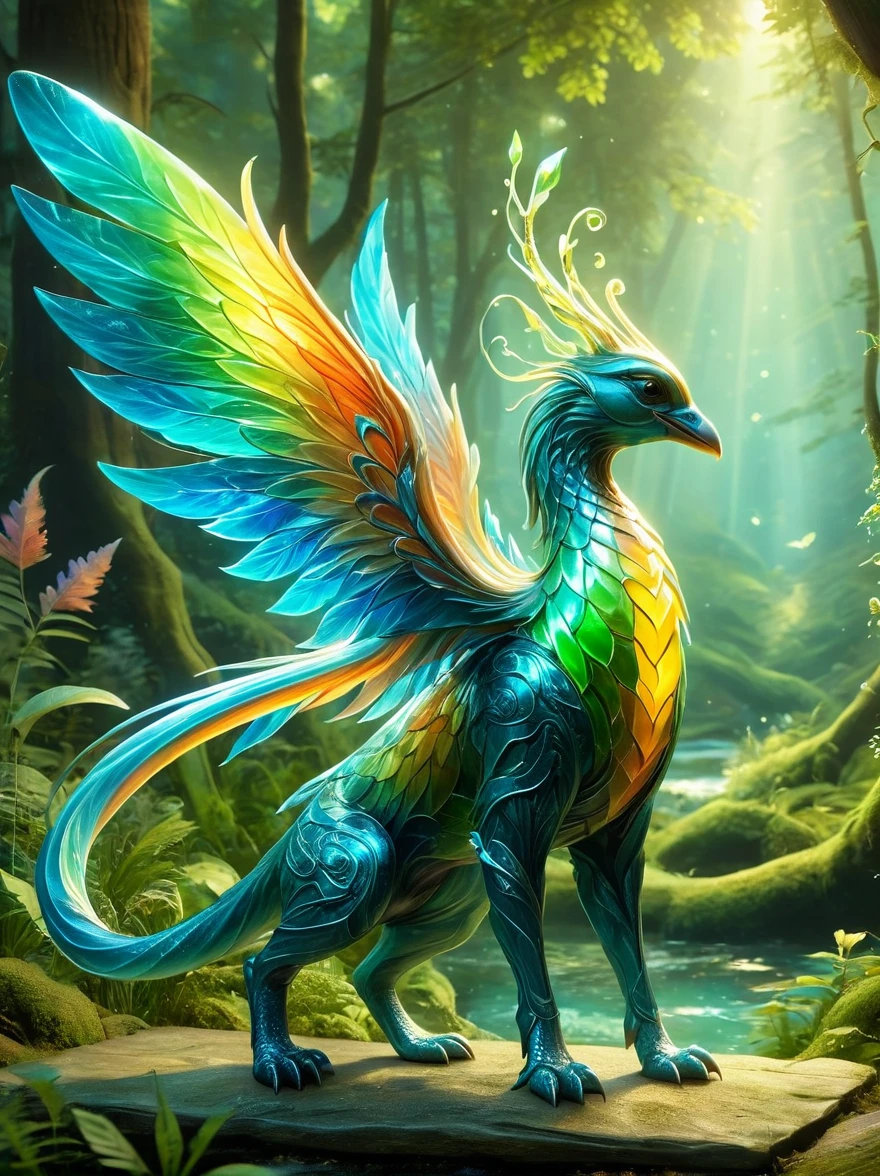 A creative depiction of a whimsical creature inspired by creatures from popular card-based games. The creature is entirely made up of glass, illuminating in the sunlight with a variety of colors reflecting off its surface. Its body resembles those of chimerical beasts, with elements of various animals combined. It has the wings of a bird, legs of a mammal, and a long tail which can possibly be seen as reptilian. As it glows, the glass creature stands majestically against a backdrop of a lush green forest, the shining beacon amidst nature's splendor.