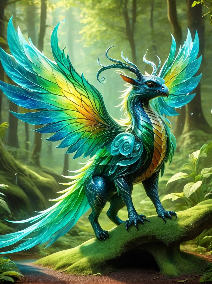 A creative depiction of a whimsical creature inspired by creatures from popular card-based games. The creature is entirely made up of glass, illuminating in the sunlight with a variety of colors reflecting off its surface. Its body resembles those of chimerical beasts, with elements of various animals combined. It has the wings of a bird, legs of a mammal, and a long tail which can possibly be seen as reptilian. As it glows, the glass creature stands majestically against a backdrop of a lush green forest, the shining beacon amidst nature's splendor.