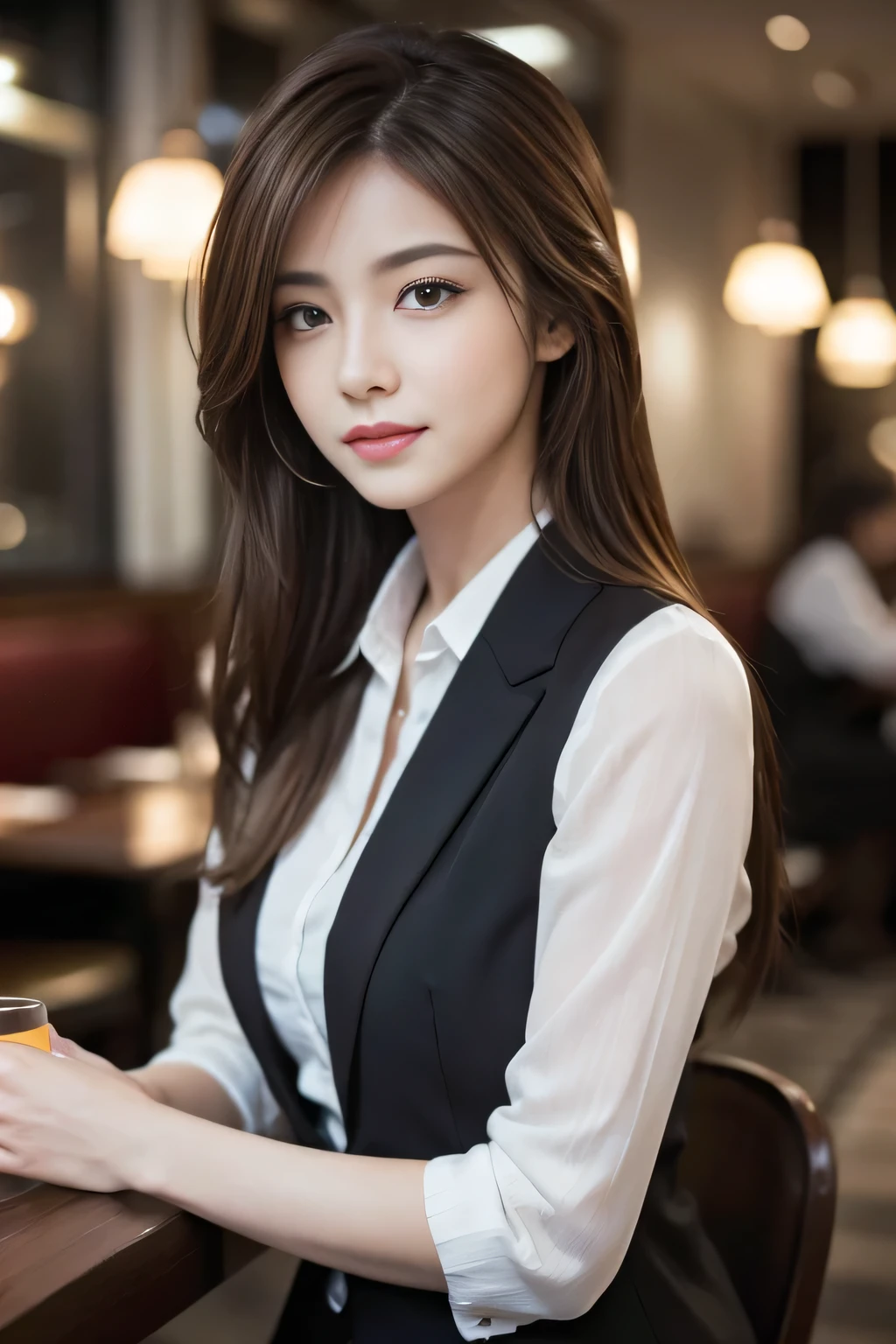 masterpiece, highest quality, Realistic, Very detailed, Finer details, High resolution, 8k wallpaper, One beautiful woman, Wear casual business attire, In a great restaurant, At night, Light brown messy hair, Perfect dynamic composition, Beautiful and beautiful eyes
