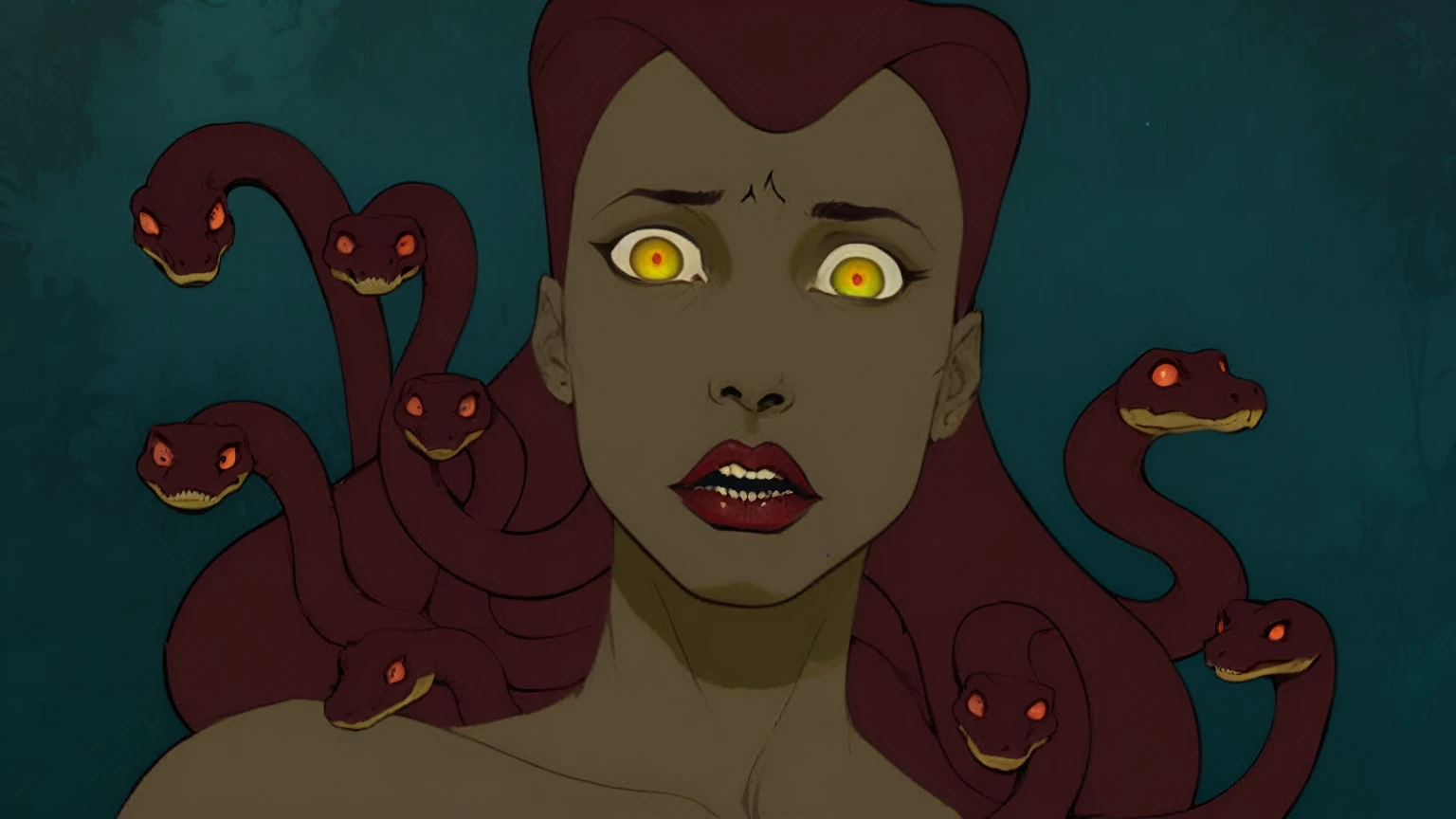 Medusa, splash page decompressed comic cover art, ink style figure,((expressive Joelle Jones and "Sean Gordon Murphy" comic drawing)), wordless, cinematic poster, double exposure, optical illusion, image within image, abyss void black no visibility darkness, full length portrait, (background, pine barrens, entropy, rewilding, magic hour sunset, galaxy stars, cosmos), (horror, abstract, surreal, body, cosmic), candid, snake skin dress, morphology anatomy drawn Frederic Delavier musculature anatomical illustration, (face, ornate black metal corpse paint, resembles Grace Jones), (body, Naga, snakefolk, lower body snake tail, snake woman hybrid, bald, hairless, skeleton, snake skin tattoos, piercing eyes, snake pupils, over the shoulder), (colors, bleak muted deep fiery radiant glowing ROYGBIV, forest green, earth brown), craftsmanship nuance, (Gerardo Zaffino charcoal), subliminal orchids, nyctophobia, silhouette
