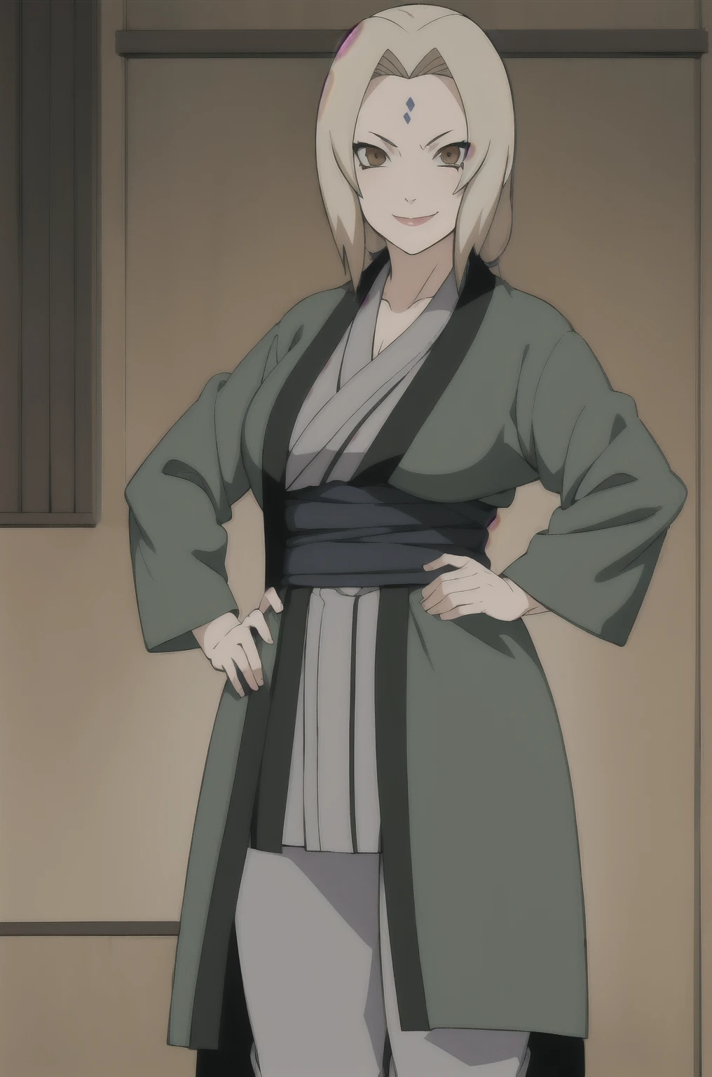 (masterpiece, highest quality:1.2), alone, One Girl, Tsunade Defense, Forehead mark, smile, View your audience, Hands on hips, kimono, Green haori, Gray kimono, sash, pants 