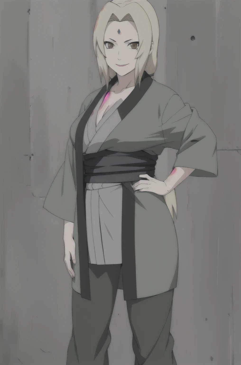 (masterpiece, highest quality:1.2), alone, One Girl, Tsunade Defense, Forehead mark, smile, View your audience, Hands on hips, kimono, Green haori, Gray kimono, sash, pants 