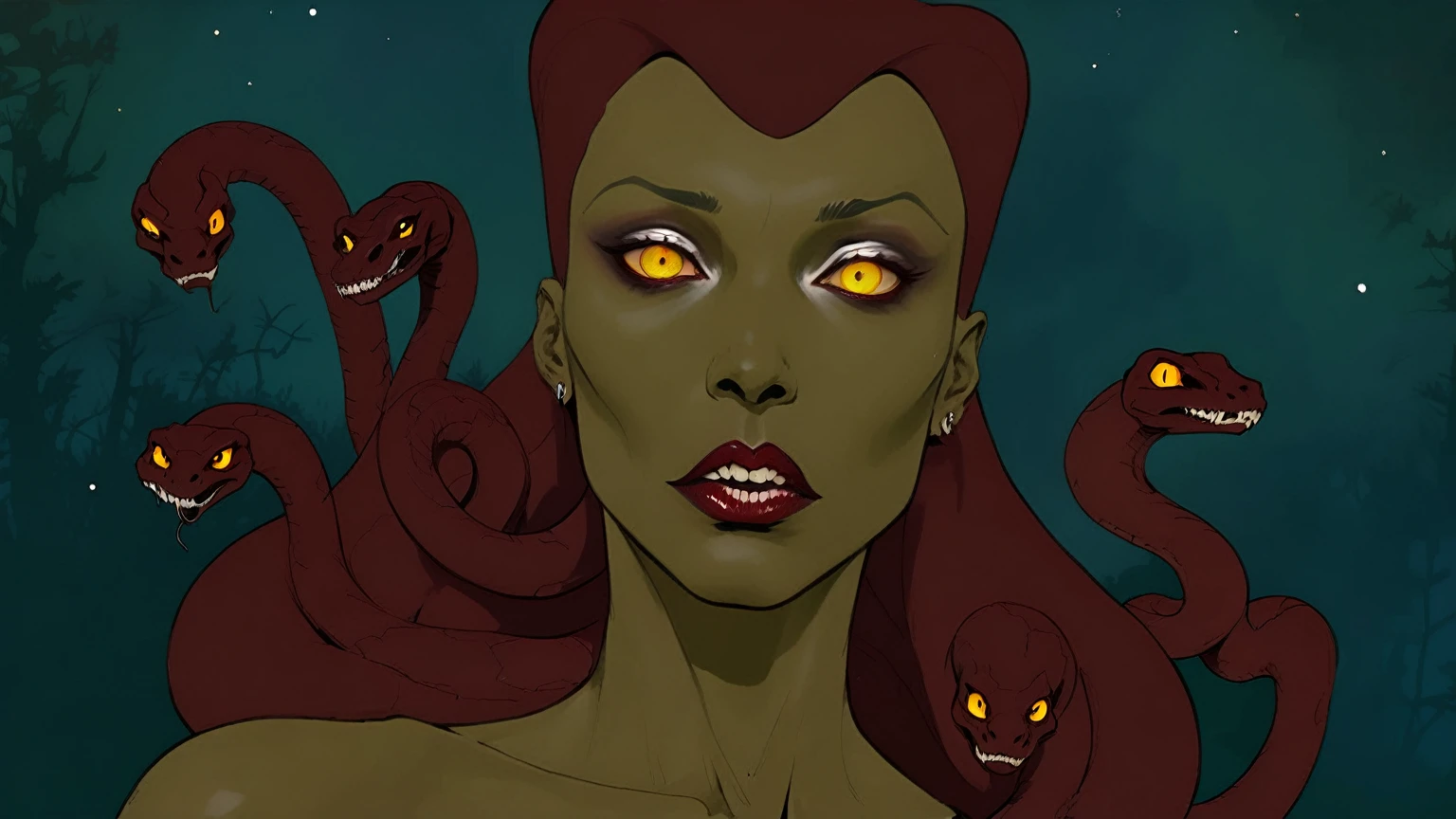 Medusa, splash page decompressed comic cover art, ink style figure,((expressive Joelle Jones and "Sean Gordon Murphy" comic drawing)), wordless, cinematic poster, double exposure, optical illusion, image within image, abyss void black no visibility darkness, full length portrait, (background, pine barrens, entropy, rewilding, magic hour sunset, galaxy stars, cosmos), (horror, abstract, surreal, body, cosmic), candid, snake skin dress, morphology anatomy drawn Frederic Delavier musculature anatomical illustration, (face, ornate black metal corpse paint, resembles Grace Jones), (body, Naga, snakefolk, lower body snake tail, snake woman hybrid, bald, hairless, skeleton, snake skin tattoos, piercing eyes, snake pupils, over the shoulder), (colors, bleak muted deep fiery radiant glowing ROYGBIV, forest green, earth brown), craftsmanship nuance, (Gerardo Zaffino charcoal), subliminal orchids, nyctophobia, silhouette