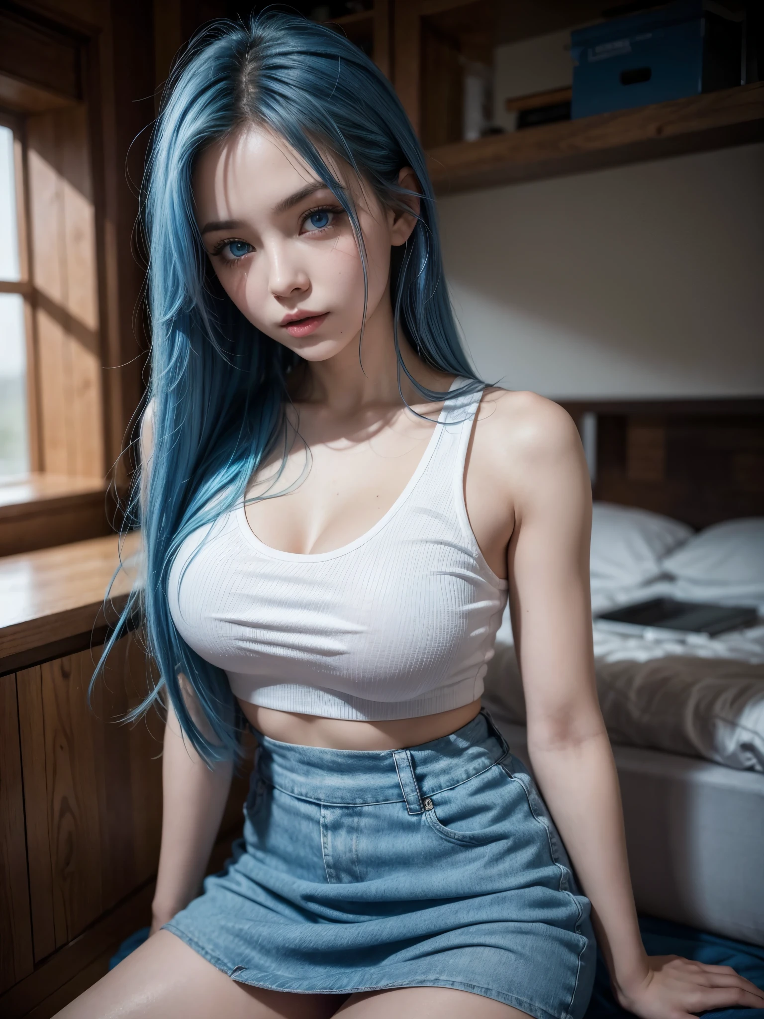 Hot girl, blue hair, blue eyes, sexy pose, mini skirt
