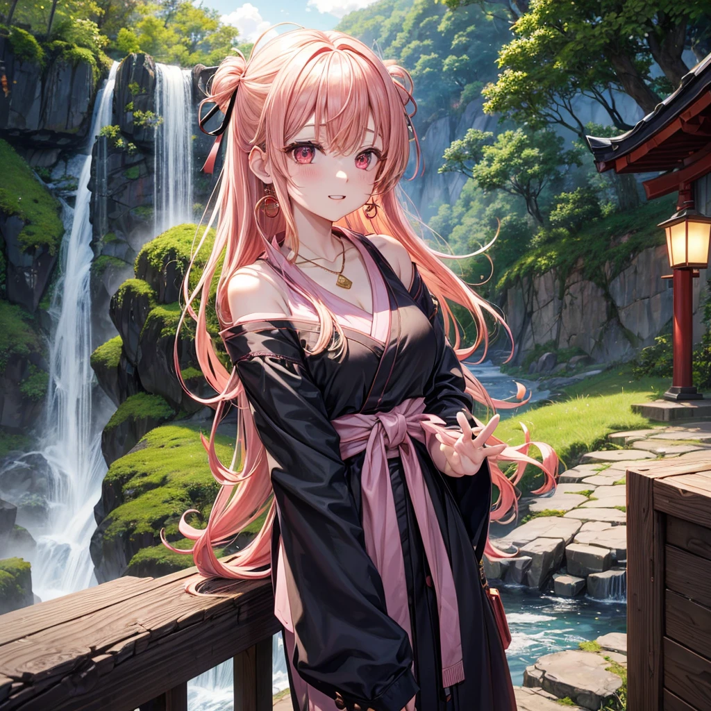 Pink gold golden hair、Red eyes、One good looking girl、solo、anime、Checkered mini skirt、The skirt has buttons、Black camisole、Black T-shirt、hoodie、kimono、Holding a Japanese umbrella、Wearing a ribbon、Ribbon on waist、Crystal Earrings、Gemstone Necklace、Tilting face、Teeth are visible、waterfall、waterfallの裏側、tunnel、Sunset sky、moss、Hell's Gate、Lantern、Blue flame、Sitting on a thick branch