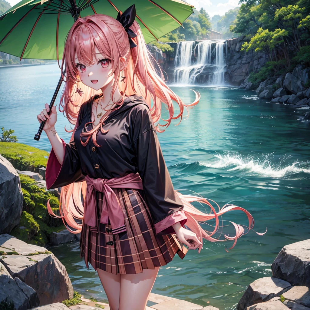 Pink gold golden hair、Red eyes、One good looking girl、solo、anime、Checkered mini skirt、The skirt has buttons、Black camisole、Black T-shirt、hoodie、kimono、Holding a Japanese umbrella、Wearing a ribbon、Ribbon on waist、Crystal Earrings、Gemstone Necklace、Tilting face、Teeth are visible、waterfall、waterfallの裏側、tunnel、Sunset sky、moss、Hell&#39;s Gate、Lantern、Blue flame、Sitting on a thick branch