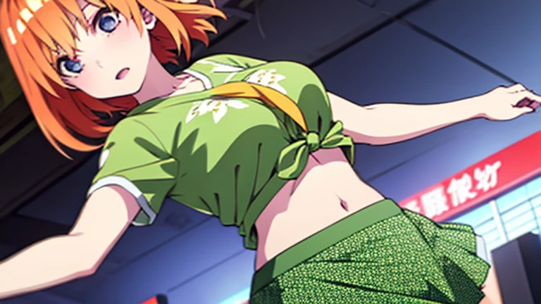 Nakano Yotsuba, orange hair, knot shirt, midriff, green skirt, medium breasts,