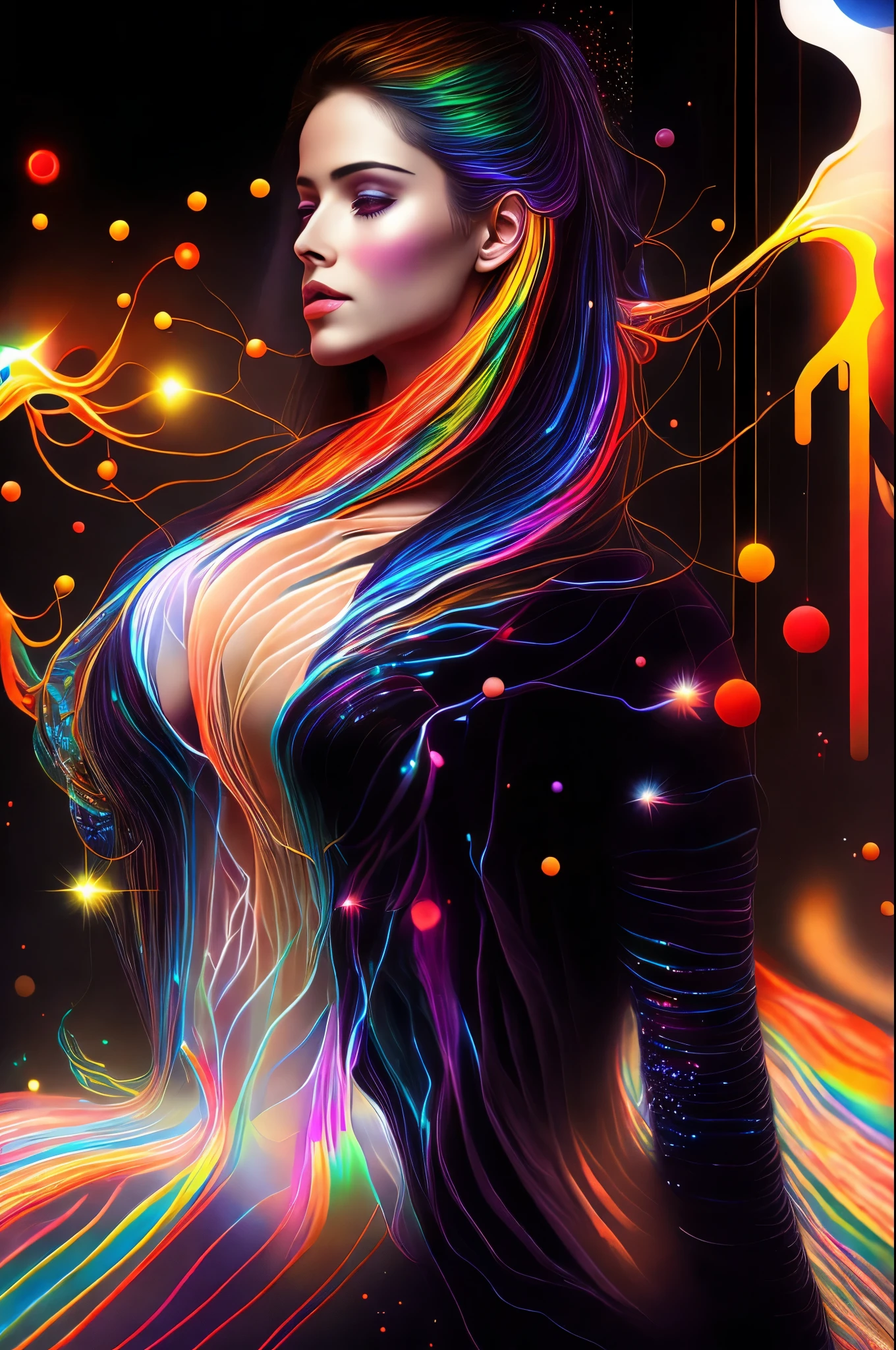 masterpiece, best quality, extremely detailed, hyperrealistic, neon-light-effect, a digital painting of a woman, a beautiful 20s russian model, ultra detailed face:1.1, cool neon colors, vector art, psychedelic art, intricate neon circuit pattern, avatar image, shiny hair, neon outlines, art cover illustration, cosmic space background, ethereal atmosphere, cosmical concept, rainbow strings, rainbow skin, rainbow bloody veins growing and intertwining out of the darkness
