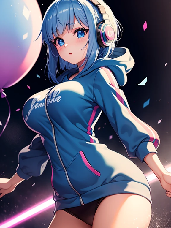masterpiece, best quality, high resolution, UHD, 8k, cowboy shot, BREAK, 1 girl, girl style anime, Glossy skin, rounded eye, beautiful eyelash, realistic eye, beautiful woman, DJ girl, with blue hair , medium breasts, with headphones wearing a hoodie printed with a heart , BREAK, standing playing a turntable with a lot buttons of colors, and laser rays and neon light, with many lights, colored lasers, balloons, and colored confetti.