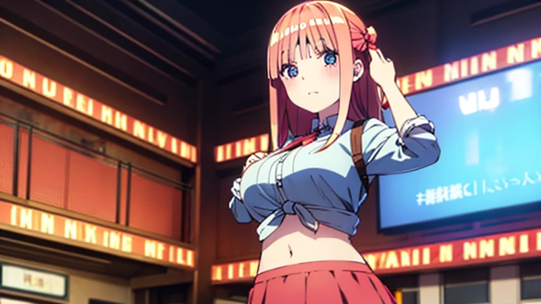 Nino Nakano, knot shirt, midriff, mini skirt, large breasts, 
