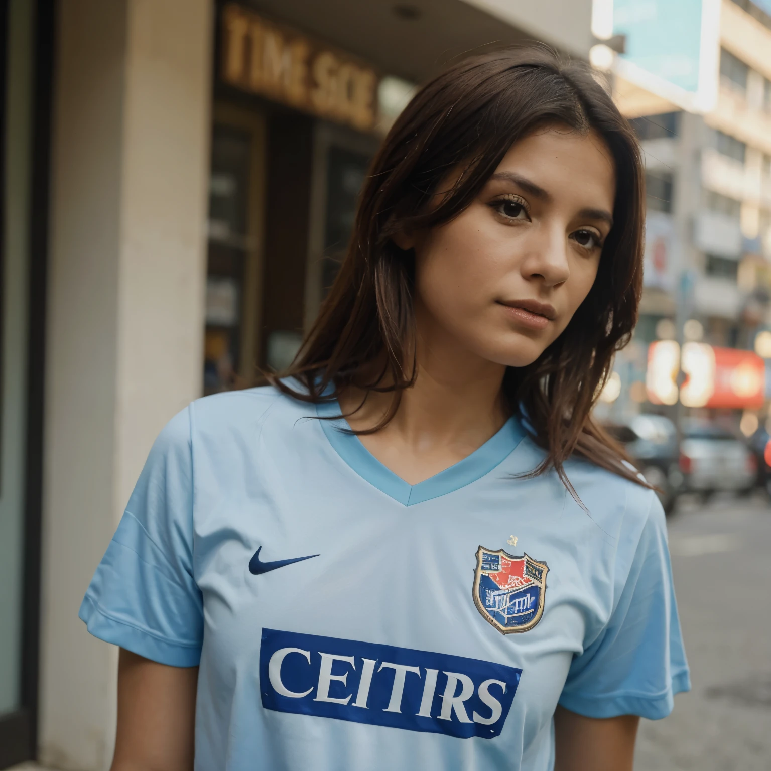 de costas, usando camisa de time, Number 7, escrito Leticia