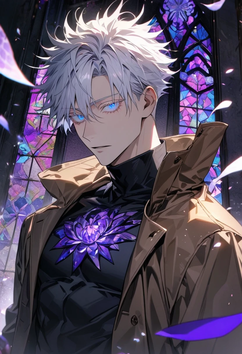 Ultra detailed, Highres, absurdres, HDR, Gojou Satoru, white hair with bangs, master piece, expressive blue eyes, white eyelashes, Jujutsu Kaisen, purple stained glass, purple ice flowers, purple ice, petals, extremely handsome, sexy man, black tight shirt, brown coat, solo, very detailed eyes and face, purple glass, glittering, patterns, toned chest