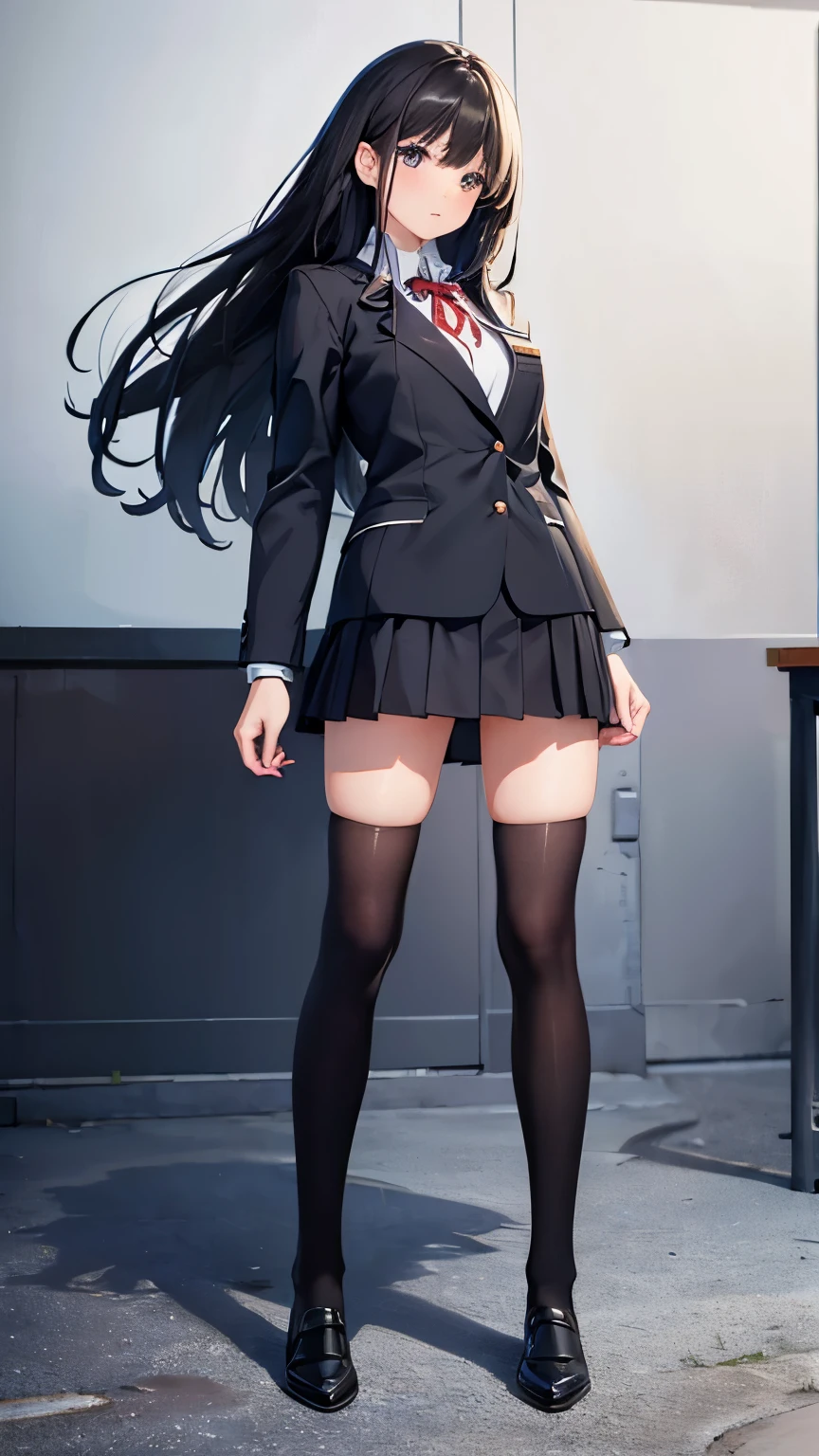 ((masterpiece, Highest_quality)), One girl, (Realistic:1.4),  alone, white_background, black_hair, length_hair,   zettai_ryouiki, skirt, ((full_body)),classroom