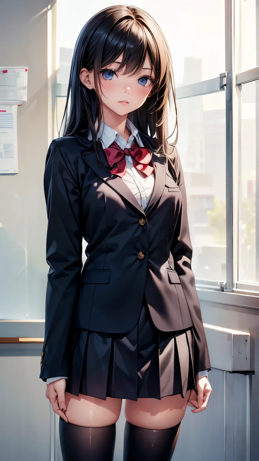 ((masterpiece, Highest_quality)), One girl, (Realistic:1.4),  alone, white_background, black_hair, length_hair,   zettai_ryouiki, skirt, ((full_body)),classroom