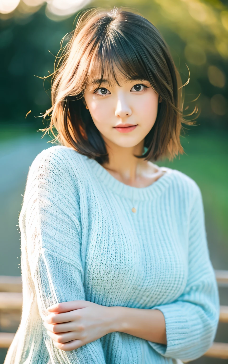 masterpiece, highest quality, 8k, 20th Generation, Large Breasts, cute, alone, sad, cute, Girlish, Delicate girl, Pure beauty, RAW Photos, Professional photography, Portraiture, Soft Light, Professional Lighting, Backlight, Upper Body, avert your eyes, Sophisticated, Film Grain, (Eyes and facial details:1.0), Short floating hair, Beautiful, flowing hair, bangs, sweater,