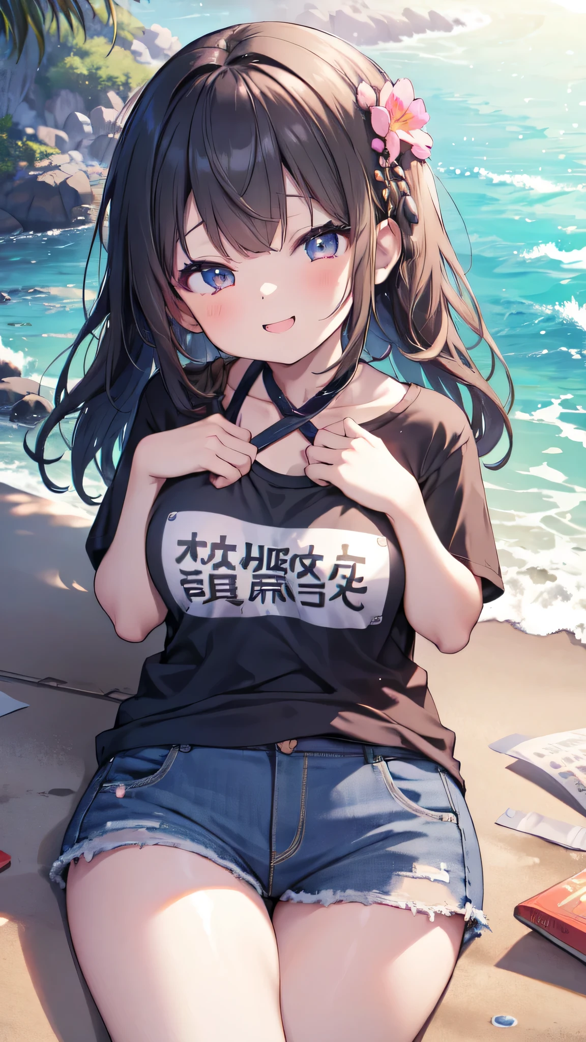 Very detailed、(8k, RAW Photos, highest quality, masterpiece:1.2), (Very detailed 8k wallpaper),figure、Professional Lighting,Sharp focus, Depth of written boundary、、Clear Eyes、Perfect Anatomy、With a girl、12 years old、、、、,、(Plump thighs:1.2)、、、pov 、Open-neck T-shirt、Denim mini skirt、Midsummer beach、Lying on the beach、