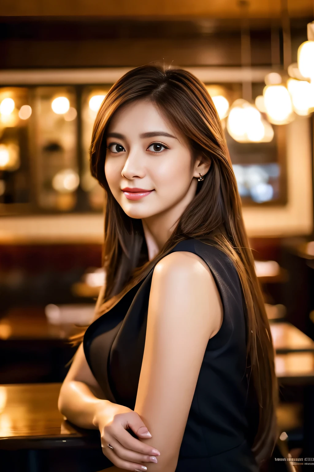 masterpiece, highest quality, Realistic, Very detailed, Finer details, High resolution, 8k wallpaper, One beautiful woman, Wear casual business attire, In a great restaurant, At night, Light brown messy hair, Perfect dynamic composition, Beautiful and beautiful eyes