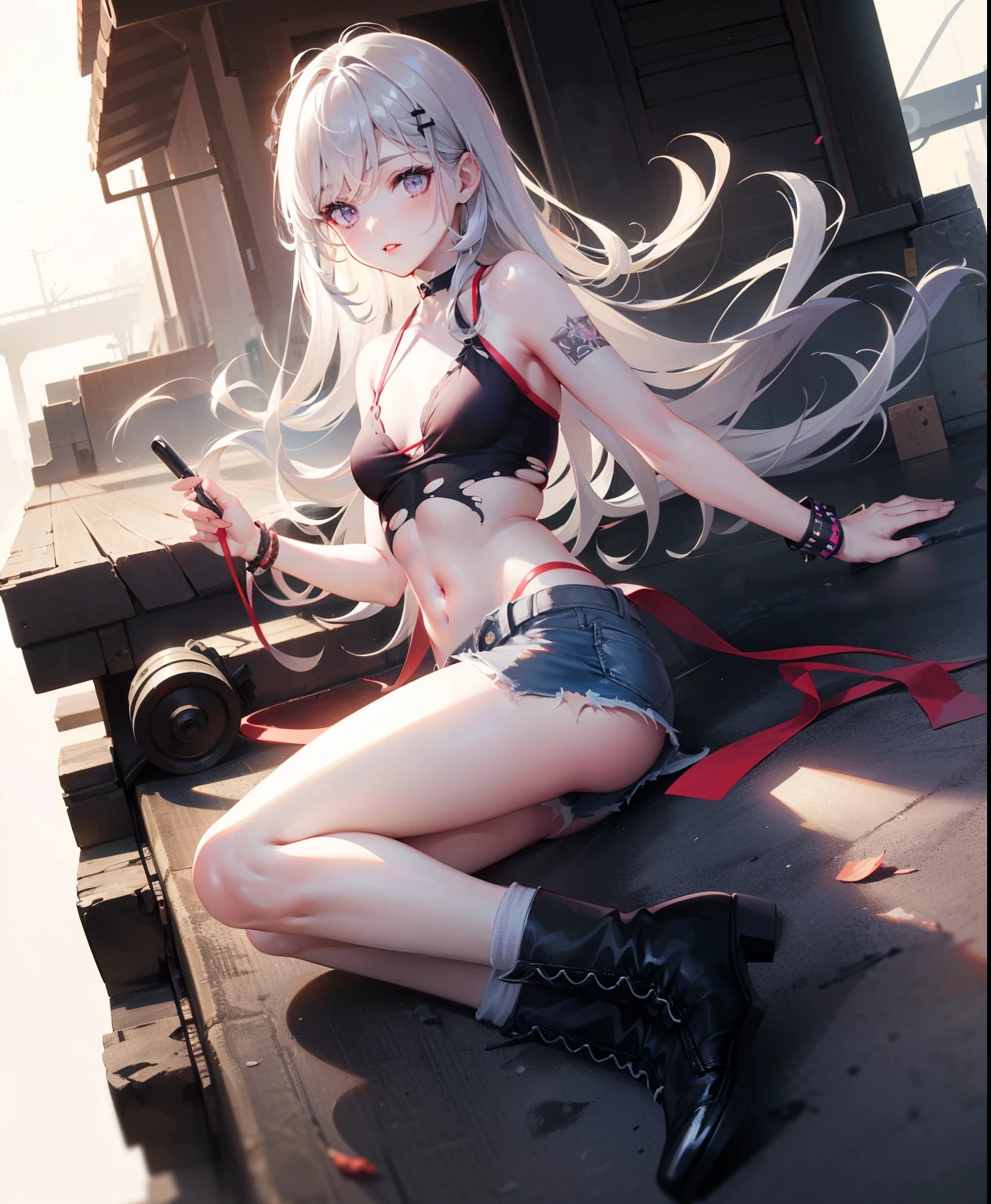 Dynamic posing, dynamic angle,Top quality work,Show Legs,8K, photo image, masterpiece,super resolution ,(long silver hair with purple ends),(purple eyes), lovely red lips, 8K quality, Pale light and shadow, Dindal effect, Very bright white background, 1 girl,lovely red lips, ( only black Cropped strappy top),((Y2k mini denim skirt in vintage dark grey wash, raw frayed hem and low rise waist)), punk boots, (torn pantyhouse), (at the tokyo street),small round chest,full-body view,(building in the background)