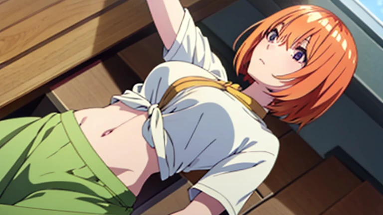 Nakano Yotsuba, orange hair, knot white shirt, midriff, green skirt, medium breasts,
