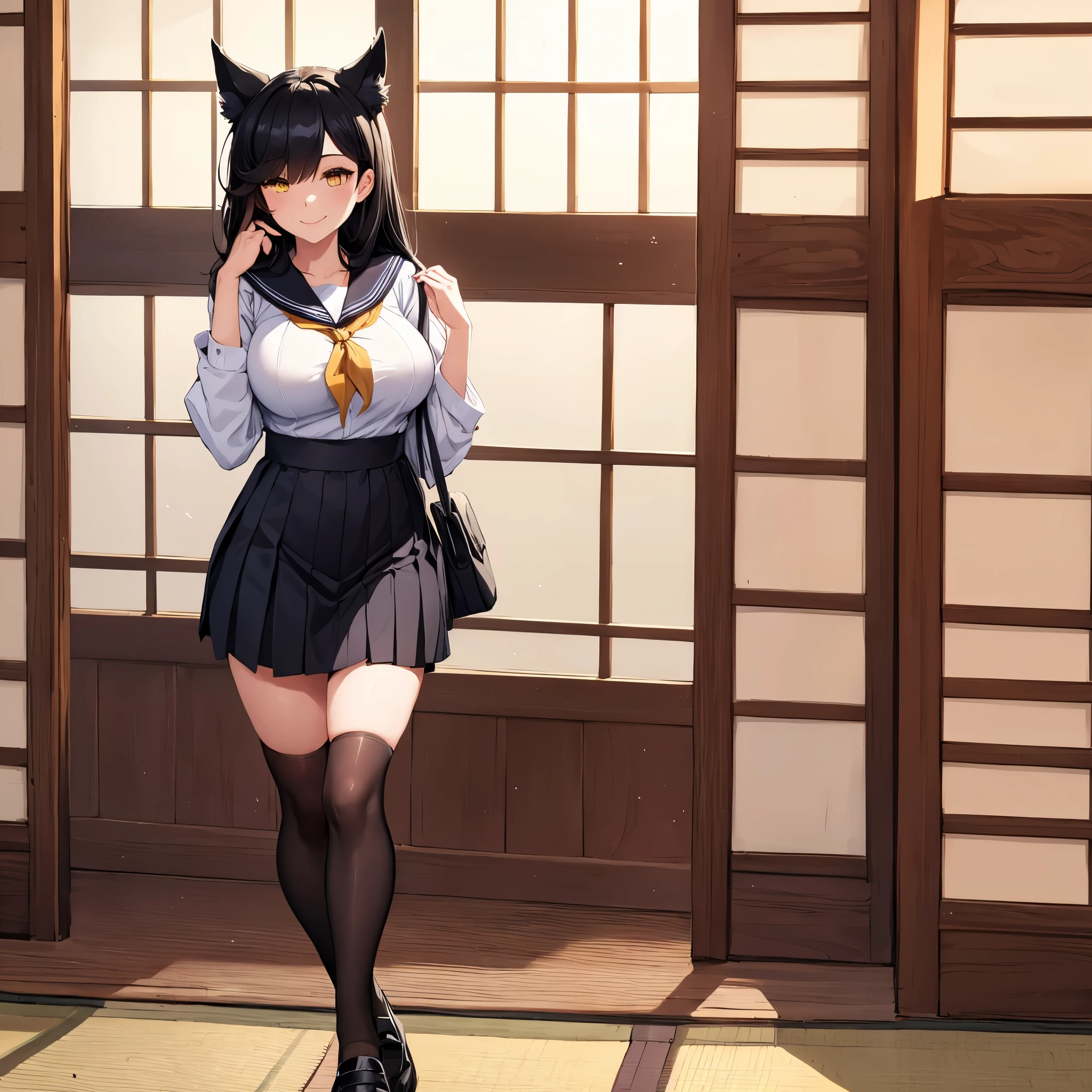 a woman in a sailor costume for a white student girl with black details, short black skirt, black tights, neko ears, long black hair, bangs over one eye, bangs over the shoulders, big breasts, smiling, yellow eyes, walking on the tour of a traditional Japanese school, full body.
