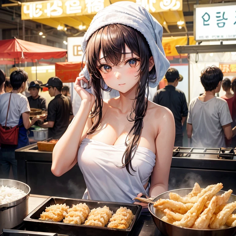 A girl with a towel wrapped around her head making a large amount of tempura at a Korean night market highest quality