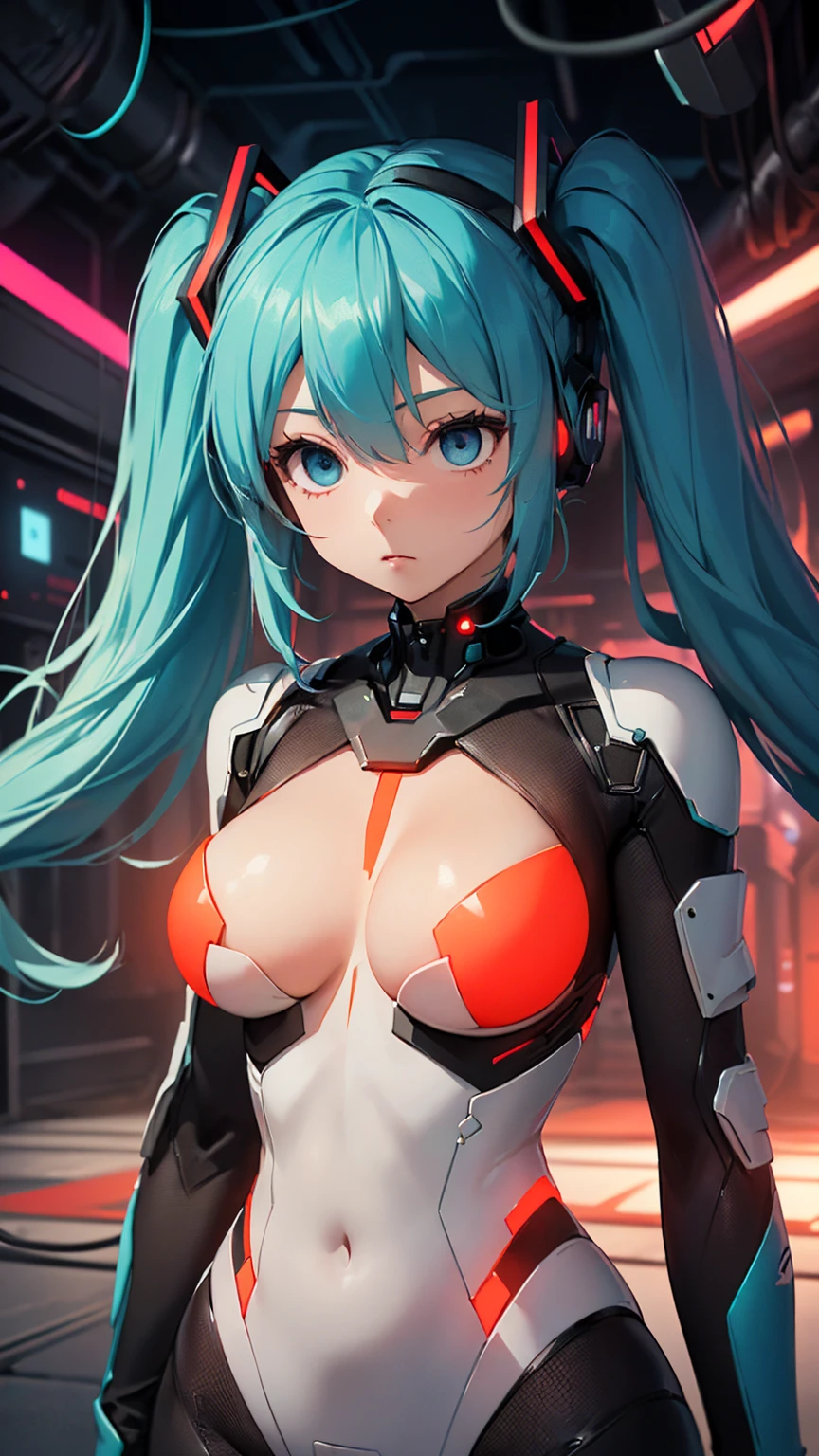 最high quality、Best image quality、masterpiece、Hatsune Miku VOCALOID、、Android Girl((18-year-old、red, A glowing black and blue cyber suit、Blue energy source on chest,Best Bust、Big Breasts、Bust 90、Twin tails、Light blue eyes、Light blue hair、Open your chest wide、valley、happiness、Slender、Expressionless、Tight-fitting inner suits、Please stand in front、Countless cable connections throughout the body、Particles of light、Sharp clawed arms))high quality、Beautiful art、background((Research Facilities、Neon color、Cyber World、red lighting))、Tabletop、Exquisite design、Visual Arts、Feature filmatrix、depth(The rampaging android army)