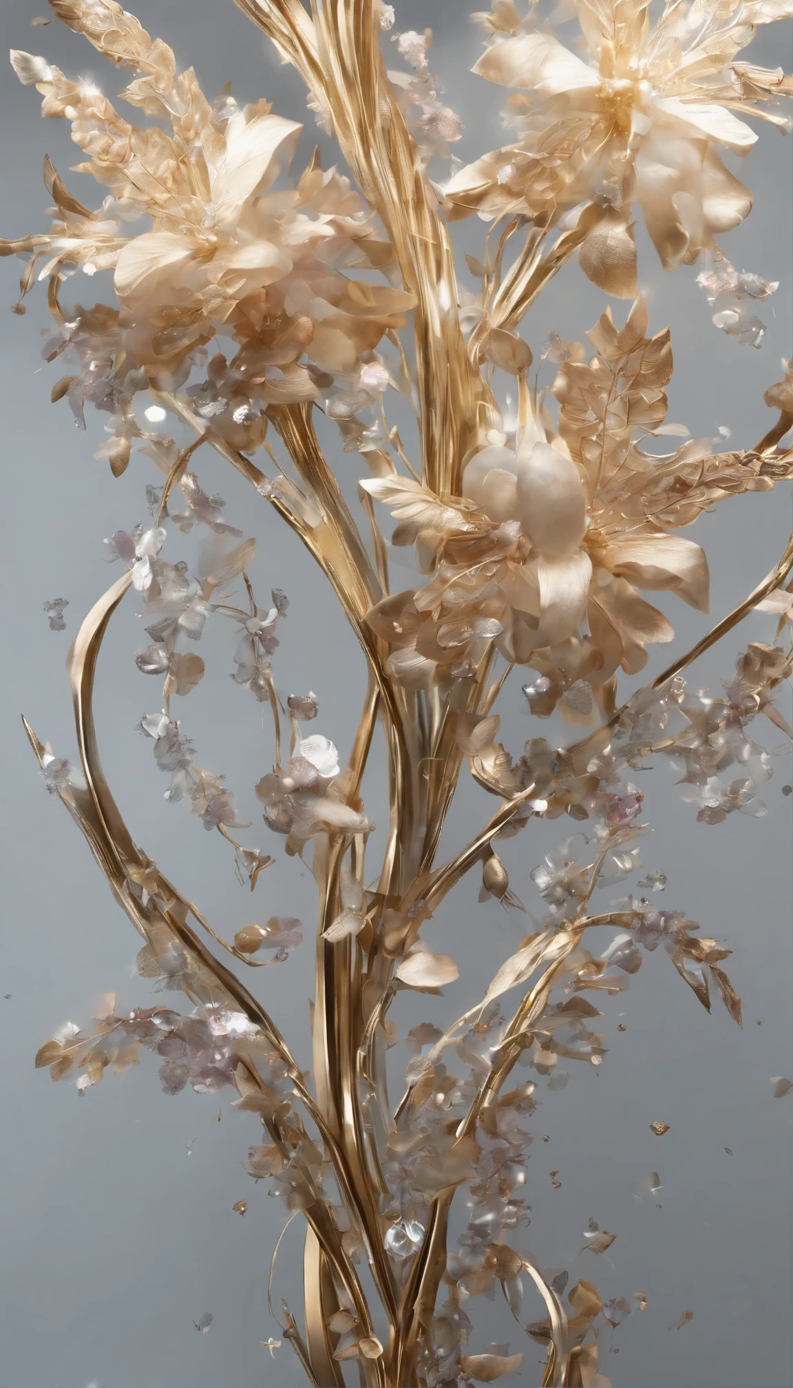 All expressed with jewels, the arrival of spring, various beautiful flowers, angles looking up from below, various jewels falling from the sky, wonderful and beautiful superb view, slightly hazy, fantastic, high resolution, 8K, (best quality, highres, realistic:1.37), shiny metallic flowers, intricate and delicate petals, reflective surfaces, vibrant colors, intricate details, close-up view, surreal garden, surreal beauty, dreamy atmosphere, fine art, abstract botanicals, metallic sculpture, contrasting textures, ethereal glow