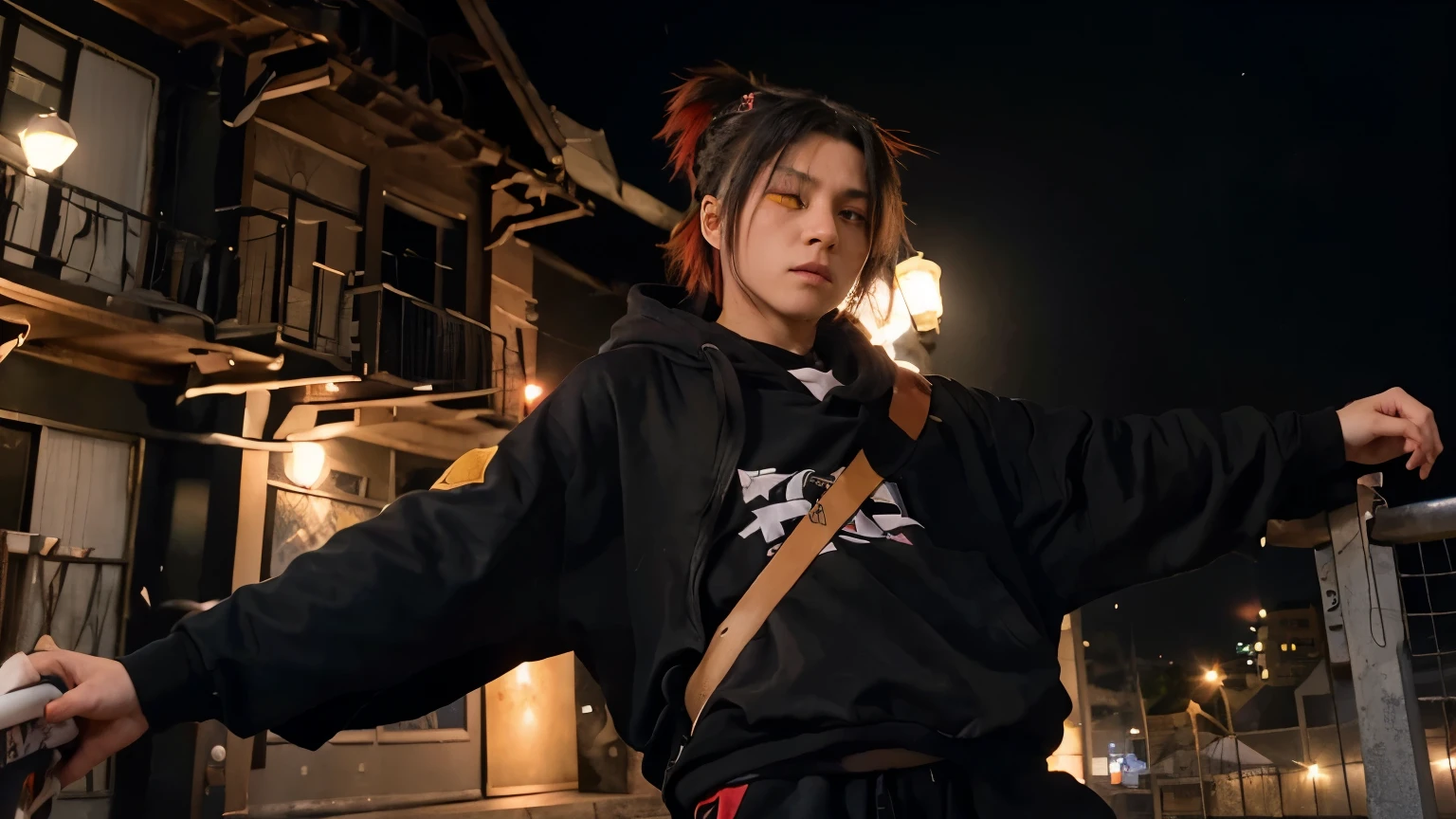 Create an anime character with hair that reaches his shoulders and who wears a black overcoat and has baggy pants with red high-top sneakers, he will have a katana and his eyes will be one of each color red and white