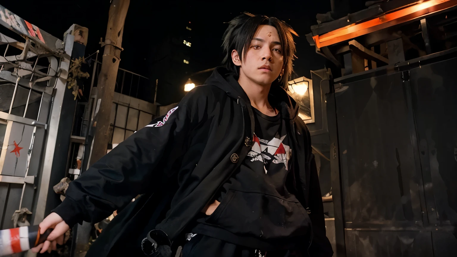 Create an anime character with hair that reaches his shoulders and who wears a black overcoat and has baggy pants with red high-top sneakers, he will have a katana and his eyes will be one of each color red and white