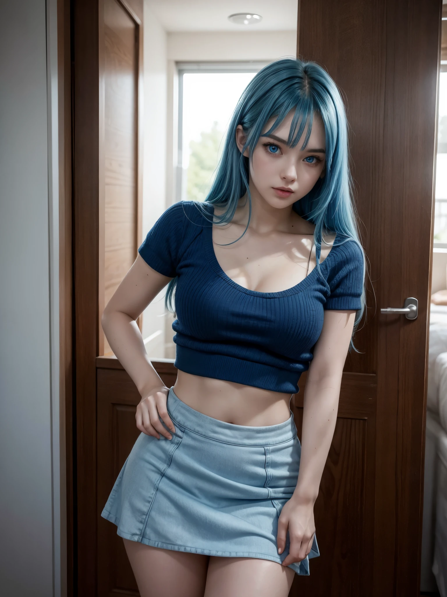 Hot girl, blue hair, blue eyes, sexy pose, mini skirt, ashamed