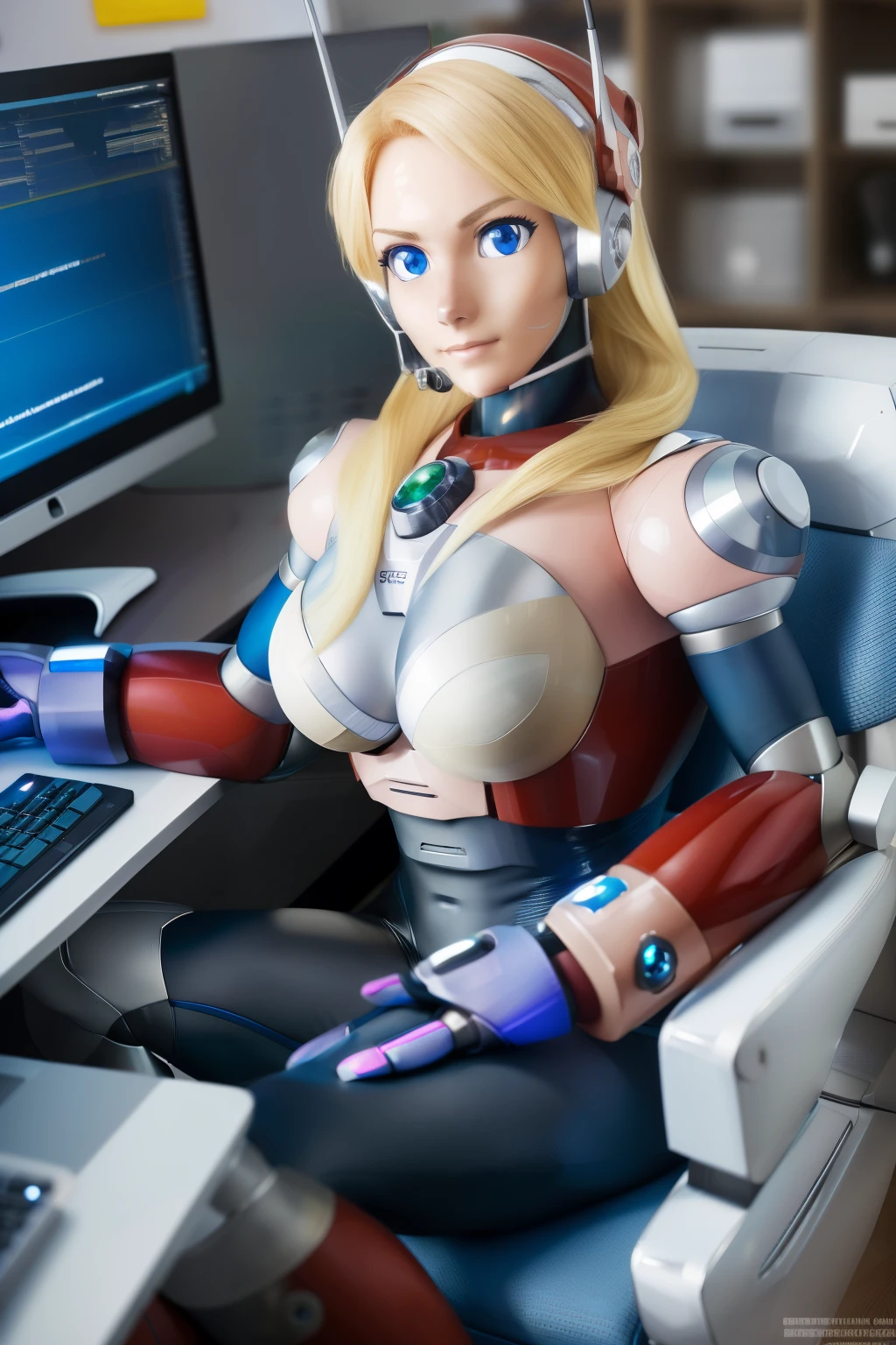 ultra detailed of a woman cyborg, 1girl, (natural skin texture, realistic eye details:1.2) alias_mega manx, alone, breasts, blue eyes, blonde hair, Android, long hair, robot ears, sitting on chair in front of the computer, laboratory, artwork, high quality, hypnotized, blank expression,