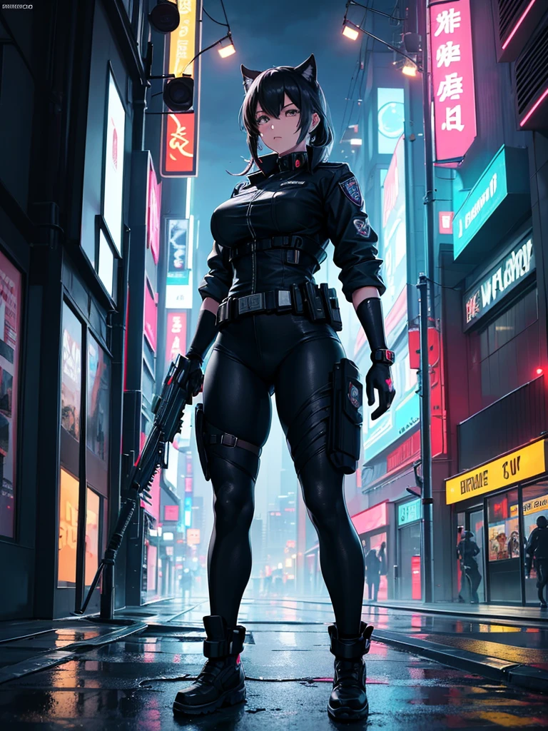 anime style, super fine illustration, highly detailed, dynamic angle, beautiful detailed, 8k, At night, in a cyberpunk cityscape, a female police officer patrols the neon-lit streets. Her footsteps echo against the damp pavement as she keeps a watchful eye on the shadows, ready to enforce justice in this futuristic metropolis.