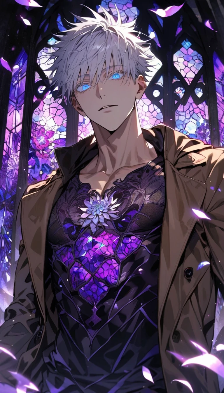 Ultra detailed, Highres, absurdres, HDR, Gojou Satoru, white hair with bangs, master piece, expressive blue eyes, white eyelashes, Jujutsu Kaisen, purple stained glass, purple ice flowers, purple ice, petals, extremely handsome, sexy man, brown coat, solo, very detailed eyes and face, purple glass, glittering, patterns, toned chest