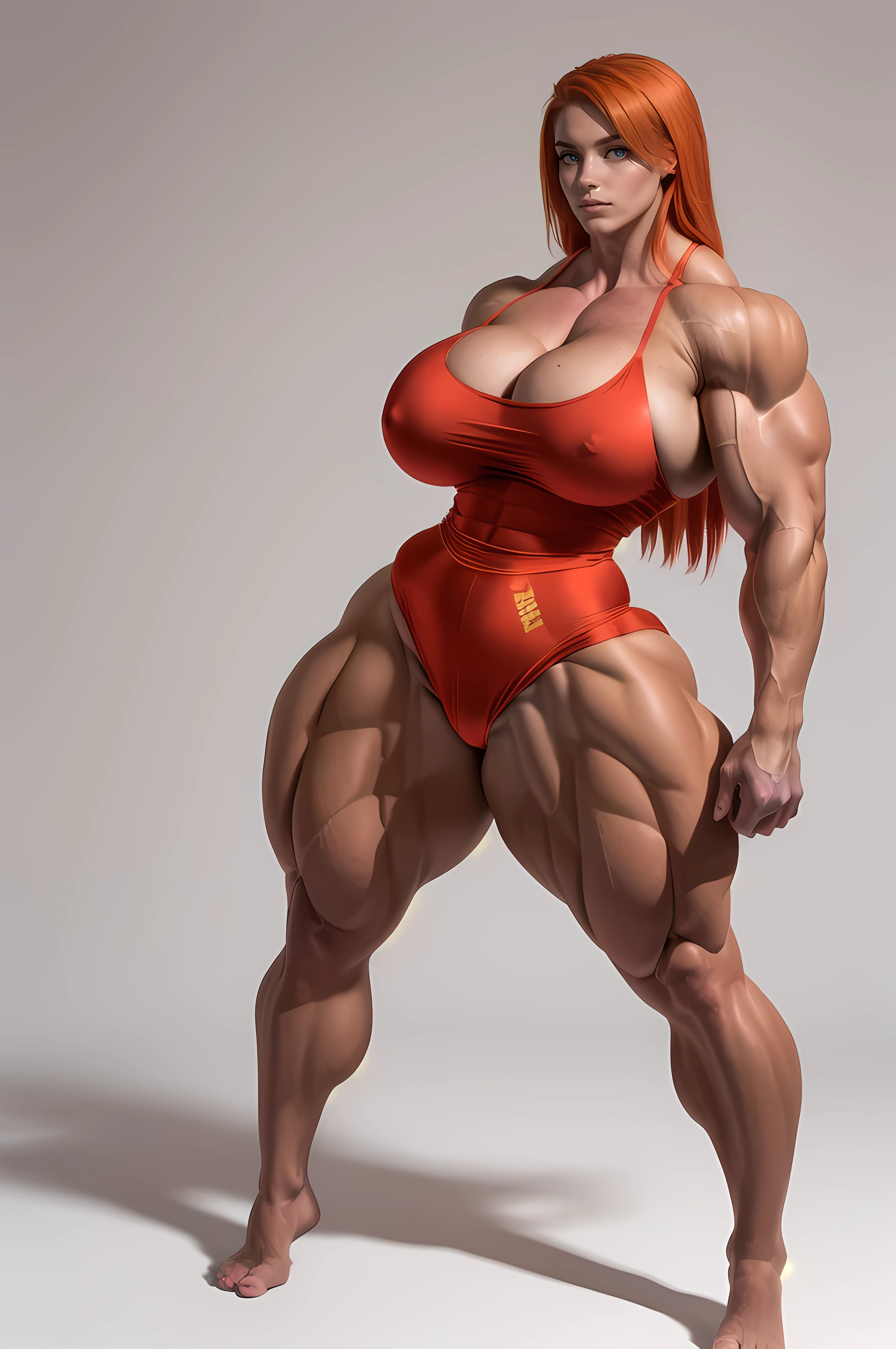 masterpiece, best quality, 1girl, (((((Massive Female Bodybuilder))))), (((((Huge breasts))))), ((((wide hips)))), ((wide shoulders)), full body, (((NSFW:0.99))), cleavage, bare shoulders, red dress, side slit, glittery dress, long hair, orange hair, simple black background, freckles, long hair, ginger hair,