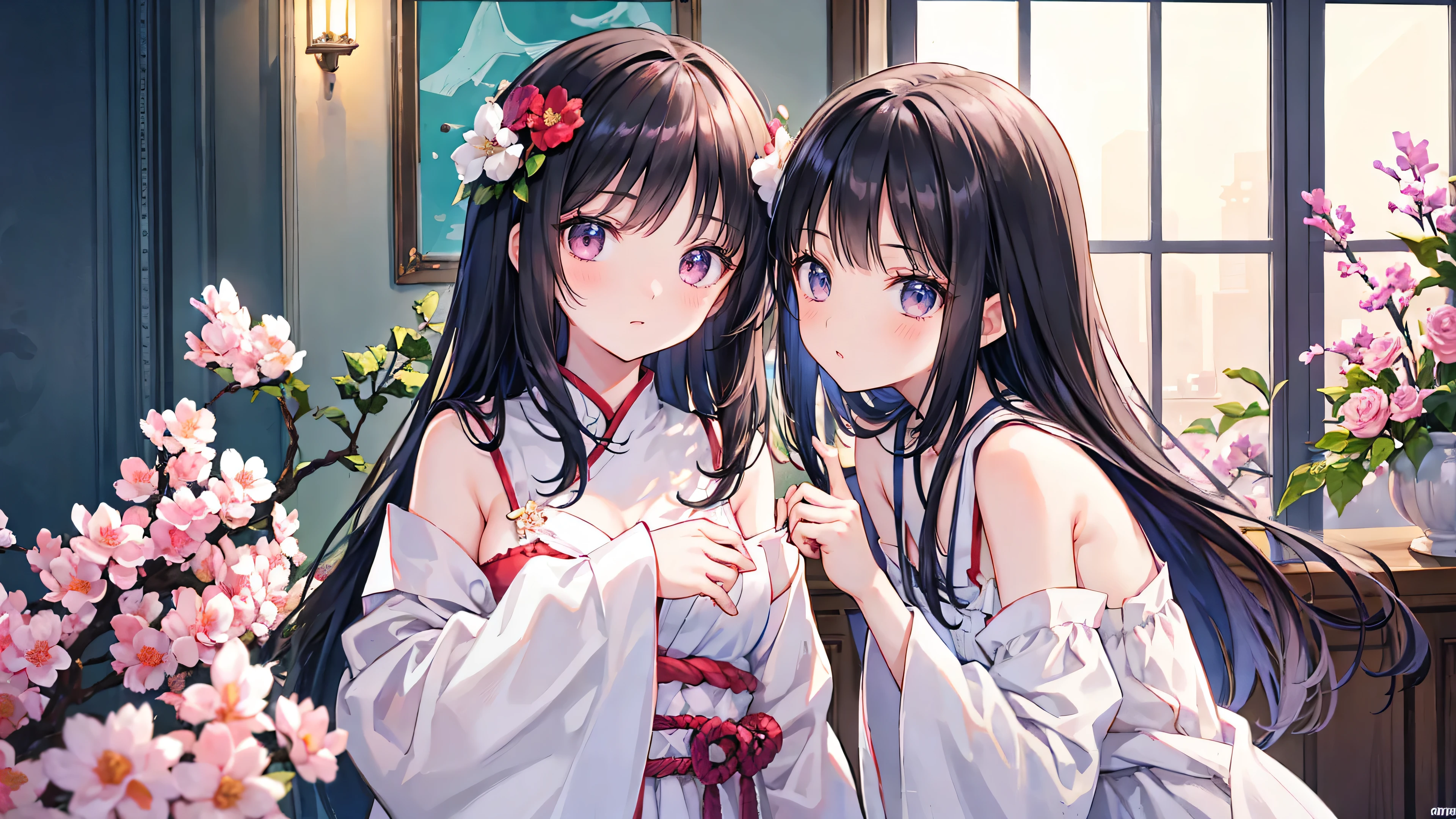 Normal of chest、masterpiece、8K wallpapers incorporating detailed CG、Two girls and two boys、、Baby Face、beautiful、Genuine、Blurred、Blurred_background、Blurred_prospect、branch、Plum offlower、depth_of_Field、flower、gem、nose、Realistic、pale black hair、alone、Shrine maiden costume、Hide your fingers、Hide your arms、Just put on a bra、whole body、Long Hair、Straight bangs、