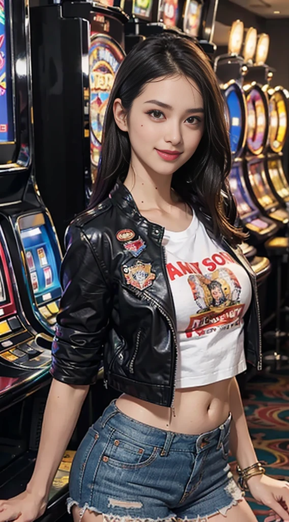 8k, Best Quality, (Beauty), High Definition, Realistic, Real Person, Jackpot at Slot Machine, Guts Pose, Smiling, Screaming, One Young Pretty Girl, Glossy Enamel Shorts, T-shirt Short Enough to Make Your Stomach, Short Leather Jacket, (Wearing a lot of fancy accessories))