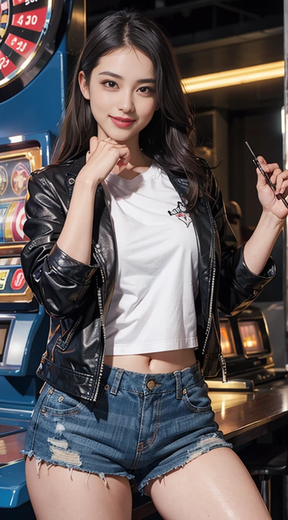 8k, Best Quality, (Beauty), High Definition, Realistic, Real Person, Jackpot at Slot Machine, Guts Pose, Smiling, Screaming, One Young Pretty Girl, Glossy Enamel Shorts, T-shirt Short Enough to Make Your Stomach, Short Leather Jacket, (Wearing a lot of fancy accessories))
