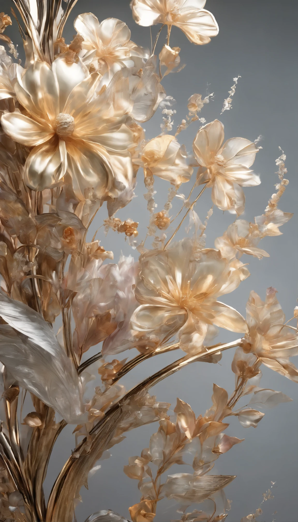 All expressed with colorfull jewels, the arrival of spring, various beautiful flowers, angles looking up from below, various jewels falling from the sky, wonderful and beautiful superb view, slightly hazy, fantastic, high resolution, 8K, (best quality, highres, realistic:1.37), shiny metallic flowers, intricate and delicate petals, reflective surfaces, vibrant colors, intricate details, close-up view, surreal garden, surreal beauty, dreamy atmosphere, fine art, abstract botanicals, metallic sculpture, contrasting textures, ethereal glow