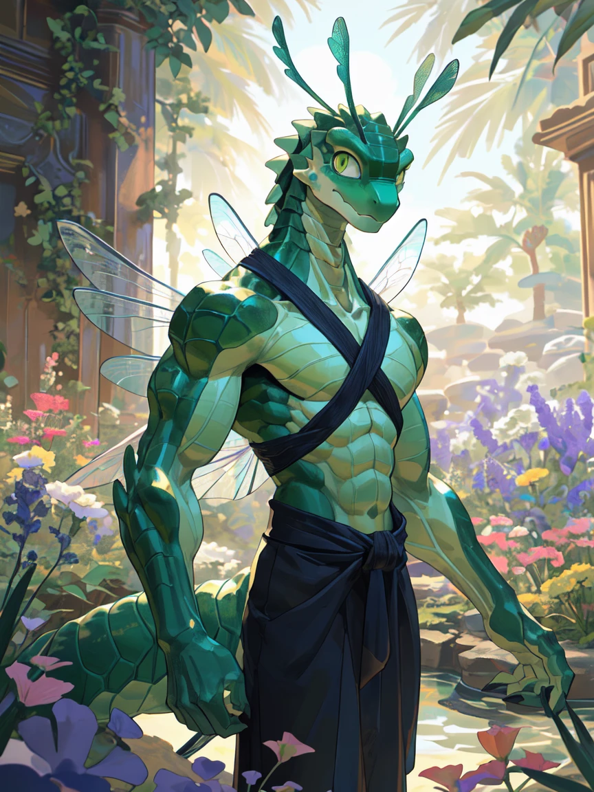 masterpiece, best quality, Perfect anatomical structure, Bright Eyes,(Character focus:1.1), Provided by RUHU1145, via K0BIT0WANI, hairy, (trigger:0.25), male,Dragonfly Man, Insect Characters, Emerald green hard shell, Slim waist, （（Dragonfly abdomen））,Exquisite muscles,Transparent Wings, Spread your wings, The sunlight refracts the light, Sculptural appearance, Emerald eyes sparkle, Antennae Tremor, Meandering pattern belly,Show your curves sideways,Clearly outline racial characteristics,Detailed overall description,Beautiful and exquisite biological image,Pinnate antennae，oasis，Flowers，Handsome face，Shy expression，（Close-up）