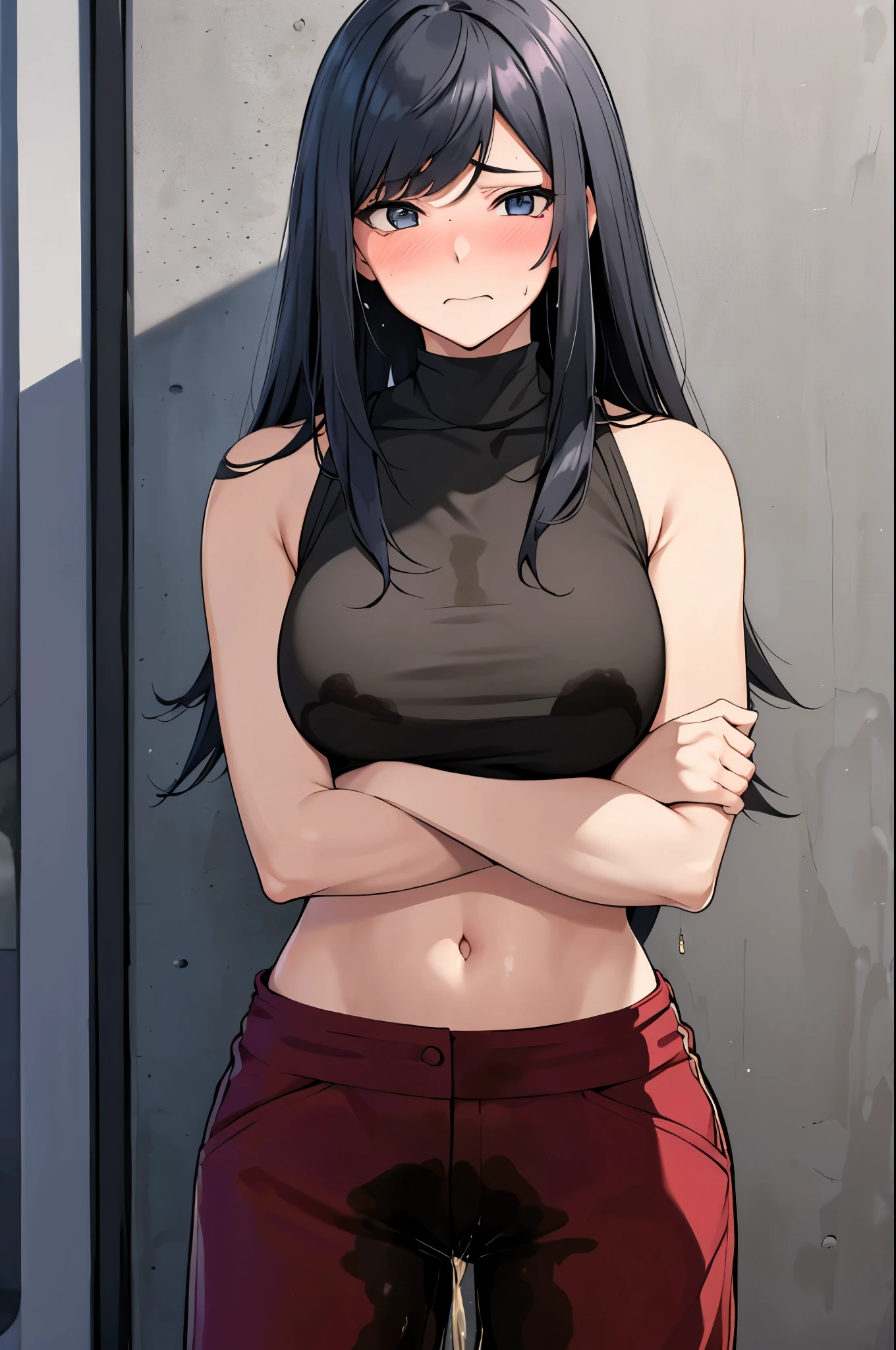A woman with very long black hair and (very long bangs:1.5), wearing a crop top and baggy sweatpants, standing. The artwork is inspired by manga and incorporates a doujin style. The woman appears to be (wetting herself:1.5), which causes her to feel embarrassed and humiliated, resulting in a blush on her face. In addition, there is an air of anger in her expression. The lighting in the scene is moody, with a spotlight highlighting the woman's figure. She is crossing her arms, (arms crossed:1.5), fully showcasing her sweatpants., large breasts, navel, midriff, groin, mound of venus, full body
