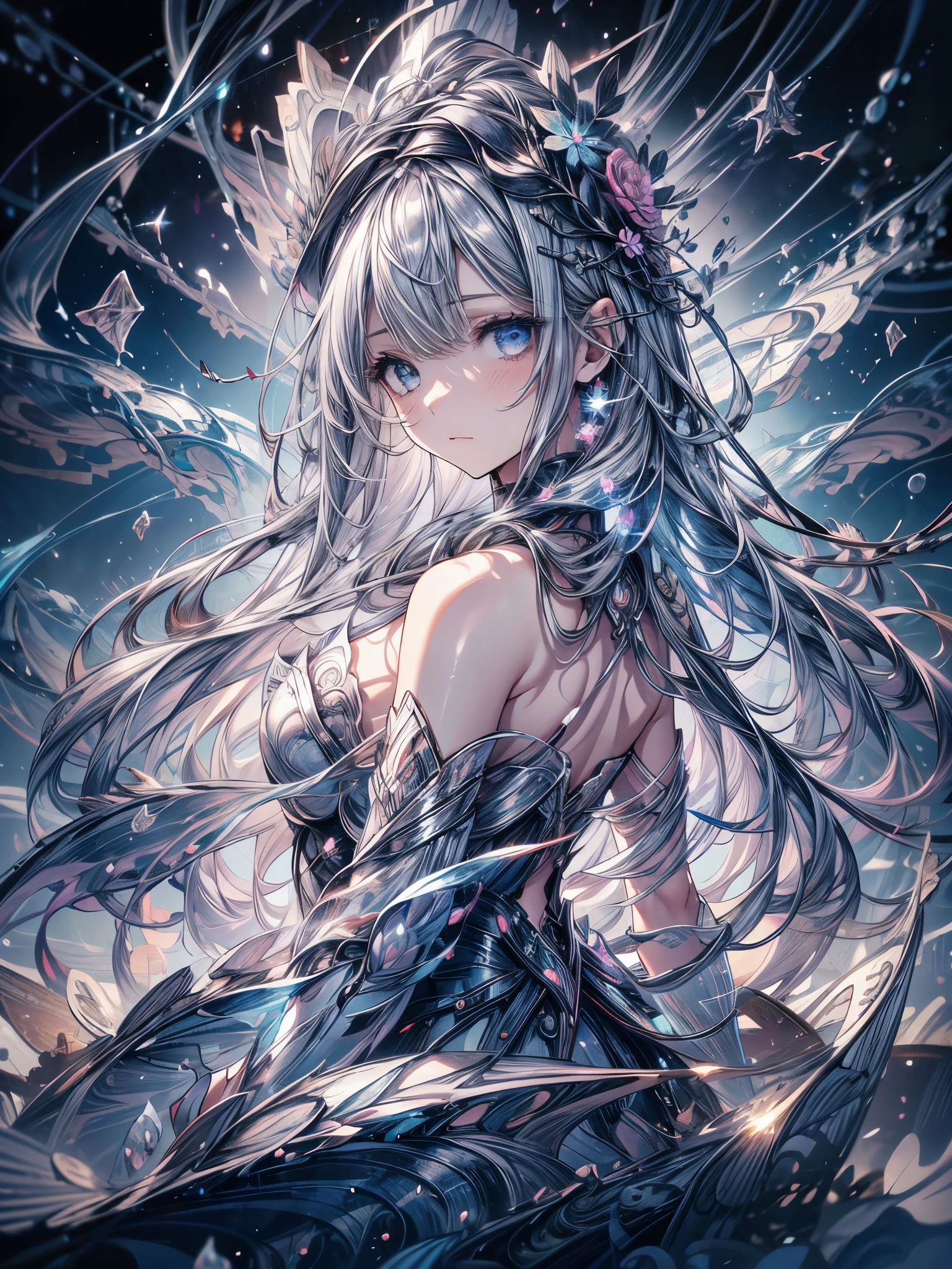 bust, Waves, 1 girl, extremely long hair, Silver slit dress, 
Flowers bloom,  galaxy, Spiral Nebula, birds,  Like a dream,
best quality, masterpiece, Ultra-high resolution, illustration, Deep Shadow, Rim Light, 
Ultra-delicate, Clear focus, (high resolution), Deformed depth of field blurred background, Detailed background, Perfect layer cutting,